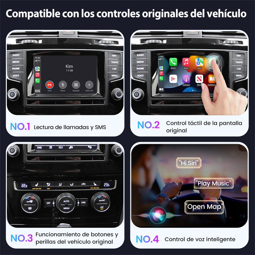 Cuatro pantallas pequeñas que muestran las funciones del sistema de infoentretenimiento del coche, incluyendo llamadas, música y opciones de configuración.