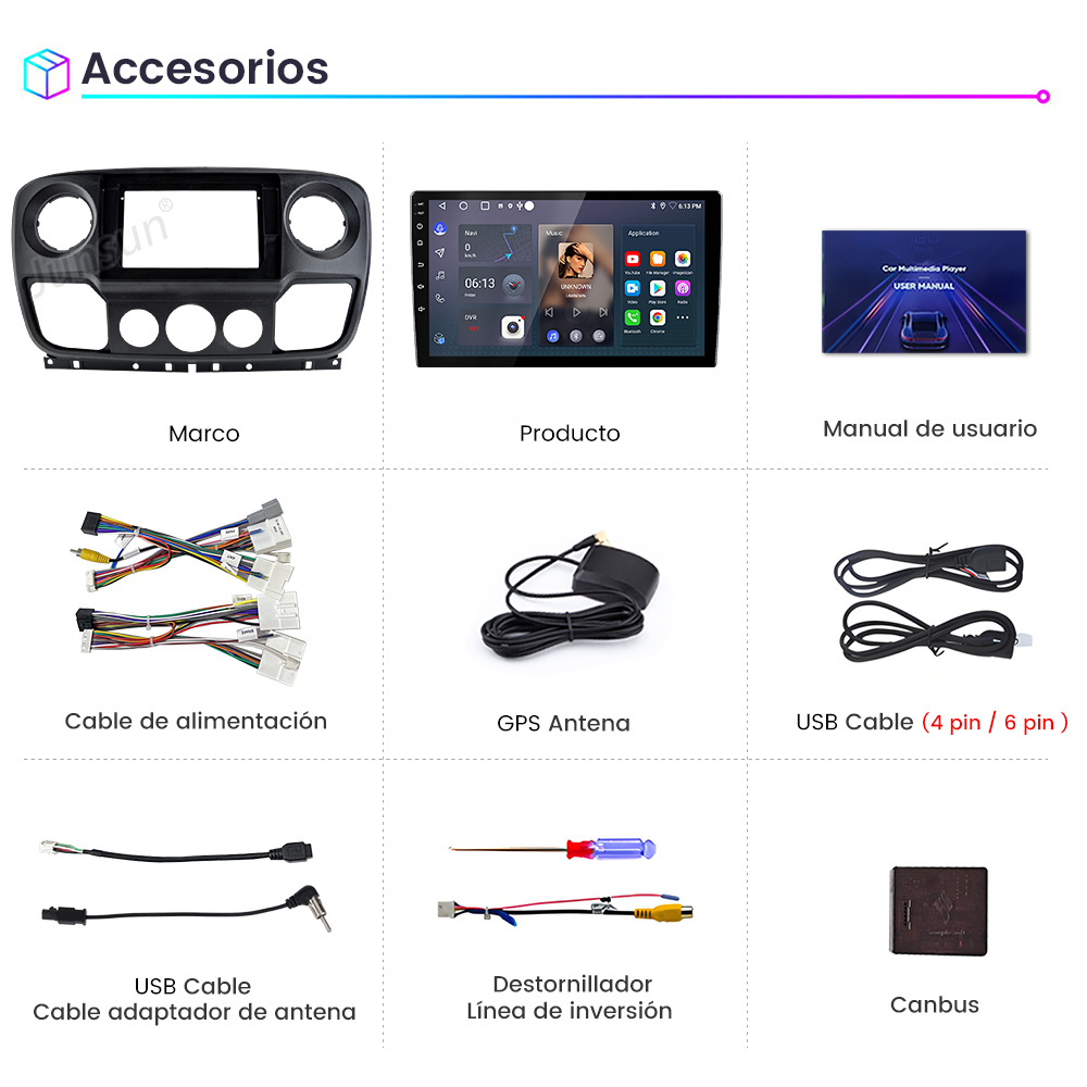 Varios accesorios para el coche, incluyendo un marco para la unidad principal, cables, una antena y un destornillador.