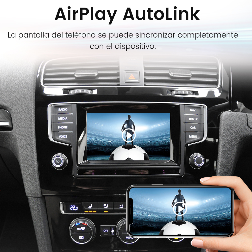 Salpicadero del coche mostrando un vídeo reproduciéndose en la pantalla, con un teléfono que muestra el mismo vídeo, para AirPlay.