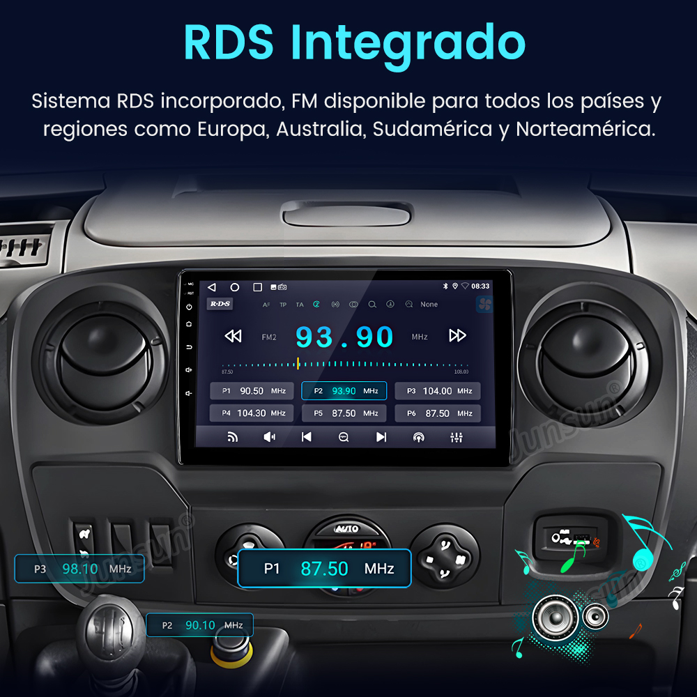 Pantalla de radio del coche mostrando frecuencia FM, con botones y salpicadero. Texto 'RDS Integrado' arriba.