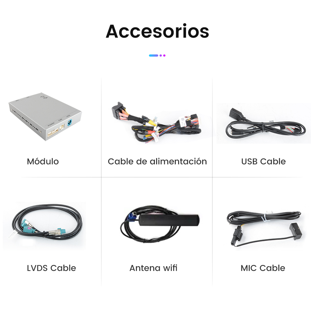 Accesorios que incluyen un módulo, cable de alimentación, cable USB, cable LVDS, antena WiFi y cable MIC se muestran.