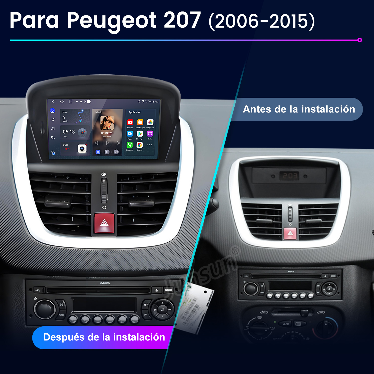 Comparación de instalaciones de radio de coche antes y después. Incluye la radio y elementos del salpicadero.