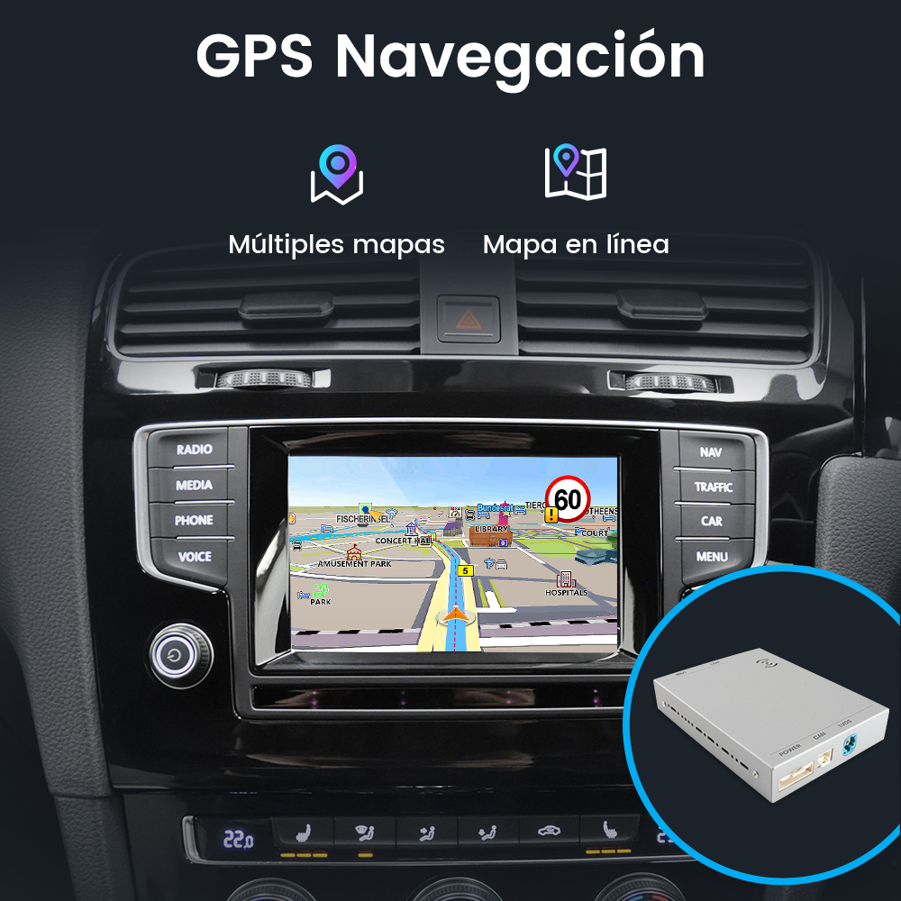 Pantalla del salpicadero del coche mostrando un mapa y navegación GPS. Incluye una caja plateada, receptor GPS.