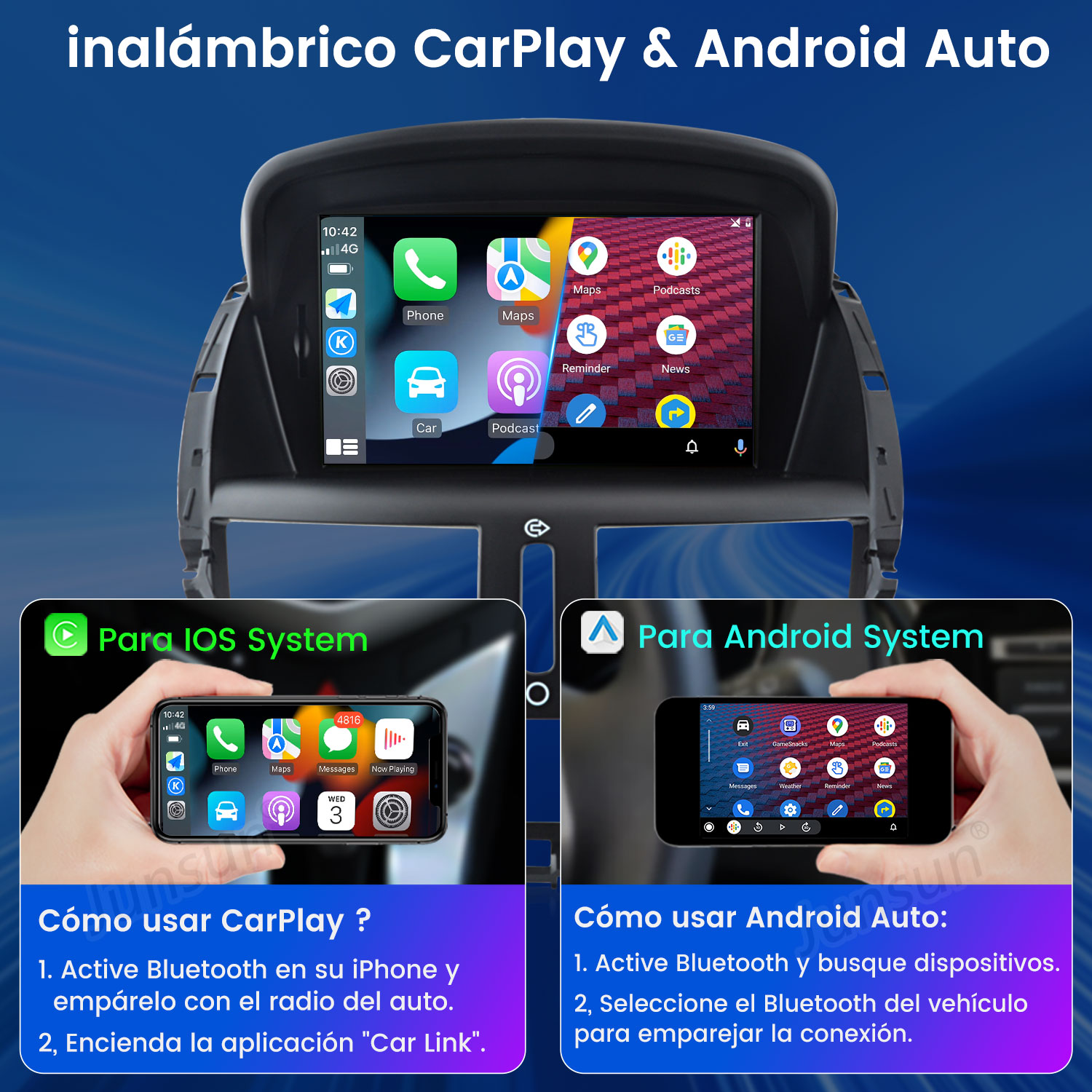 Configuración de CarPlay y Android Auto. Muestra cómo conectar un iPhone y un teléfono Android al sistema del coche.