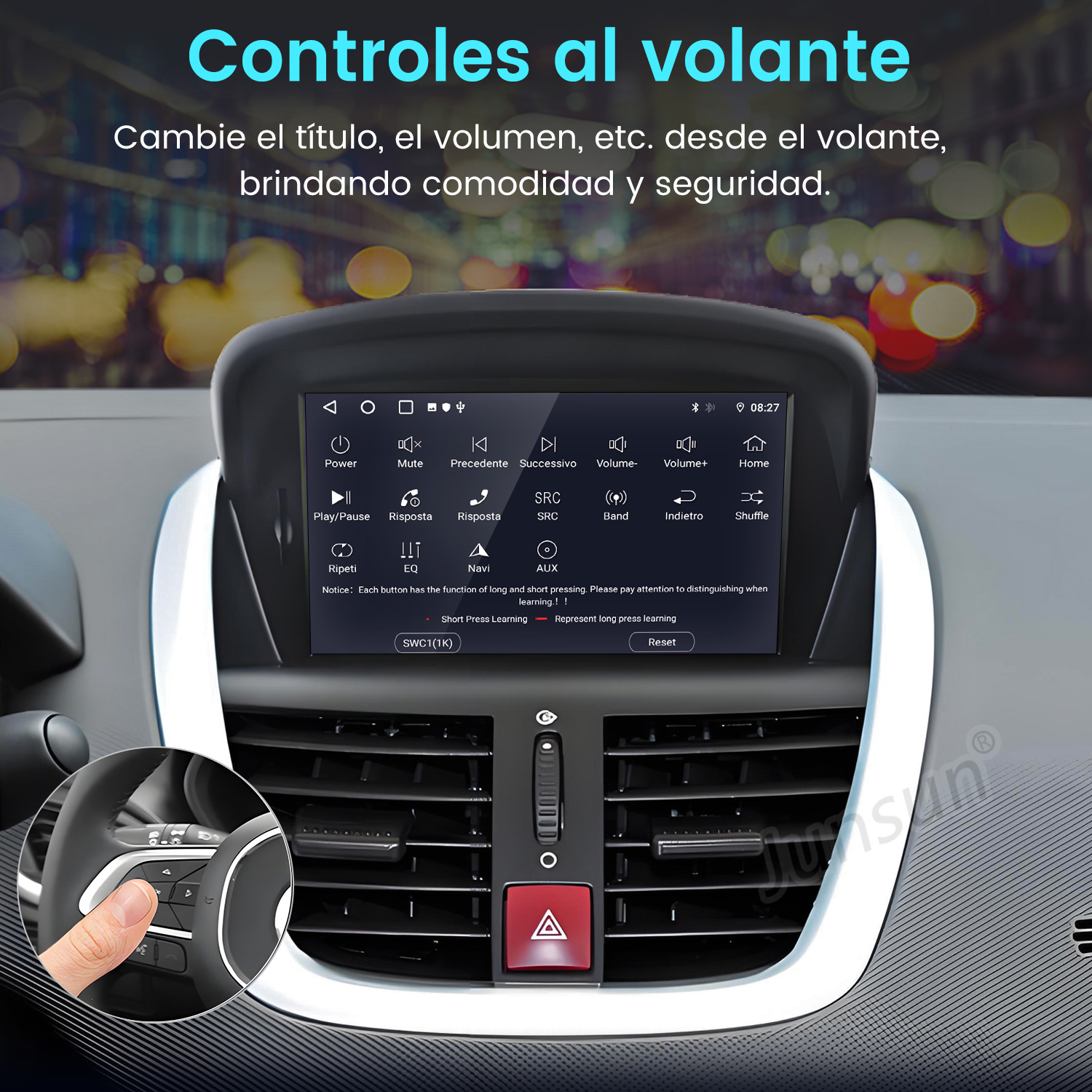 Tablero de coche con pantalla, mostrando controles y una mano en el volante. La escena es dentro de un coche.