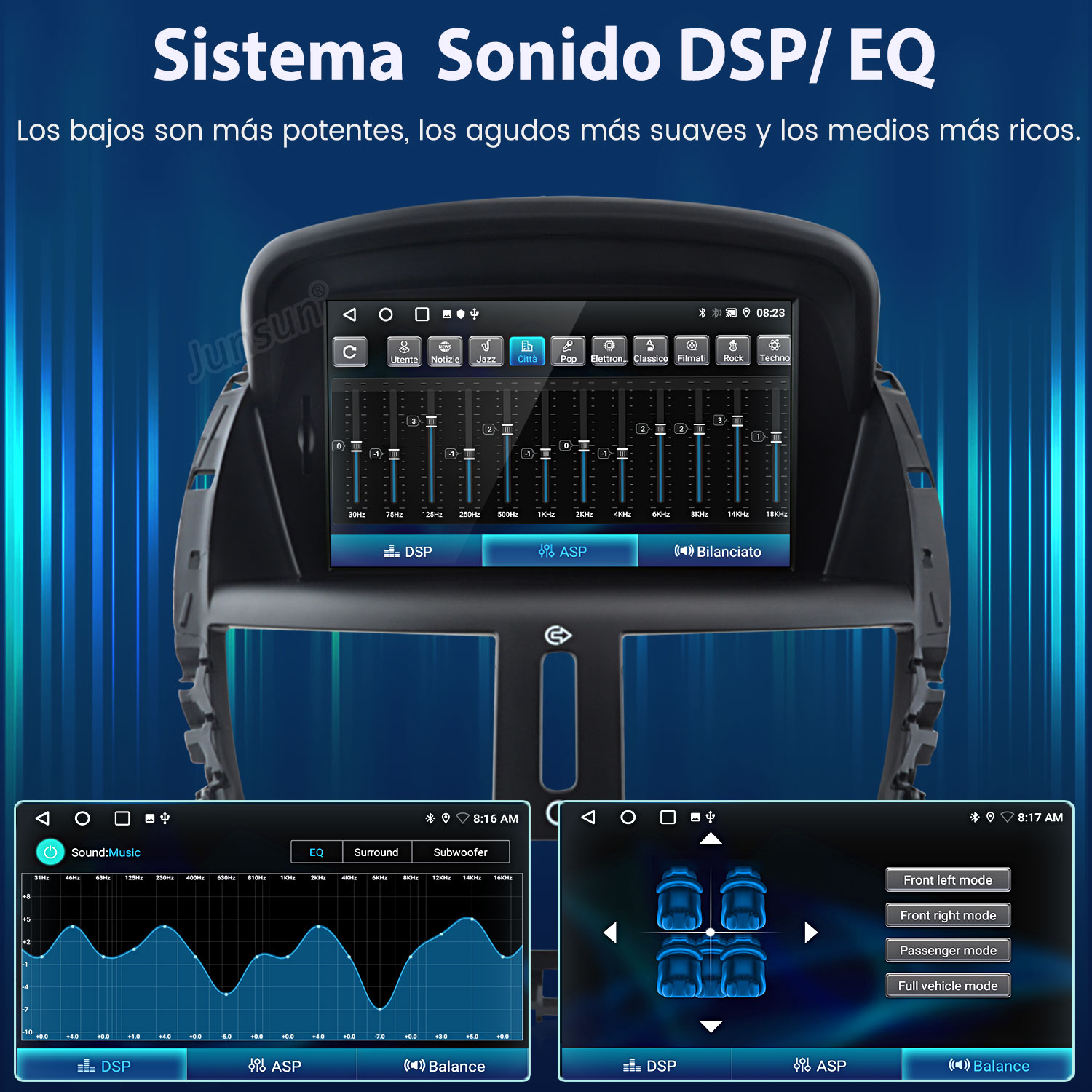 Interfaz de pantalla multimedia del coche mostrando ajustes DSP/EQ. Dos pantallas más pequeñas muestran ajustes de sonido y balance.