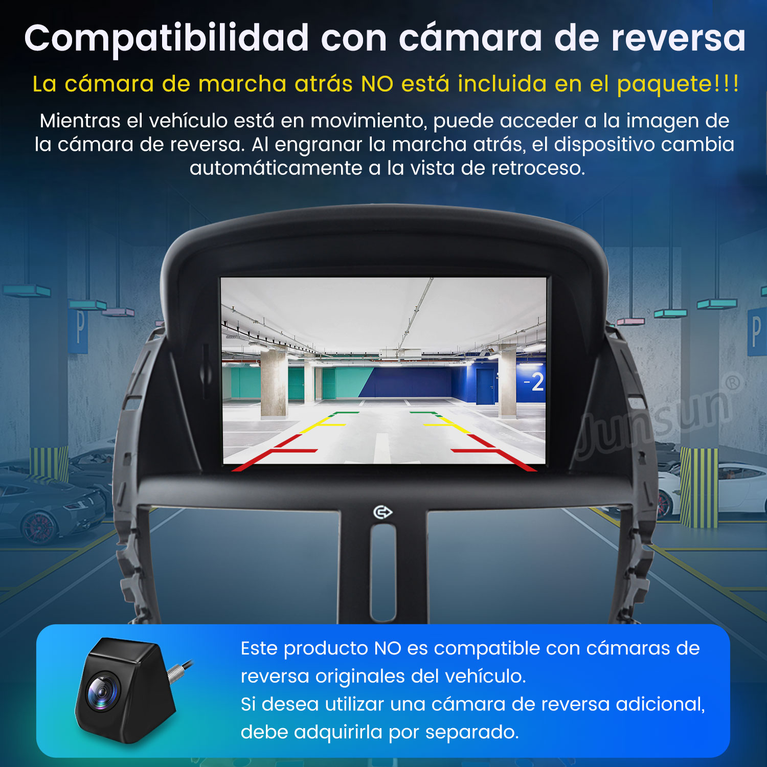 Pantalla del infoentretenimiento del coche mostrando la vista de la cámara de marcha atrás de un garaje, con un marco negro.
