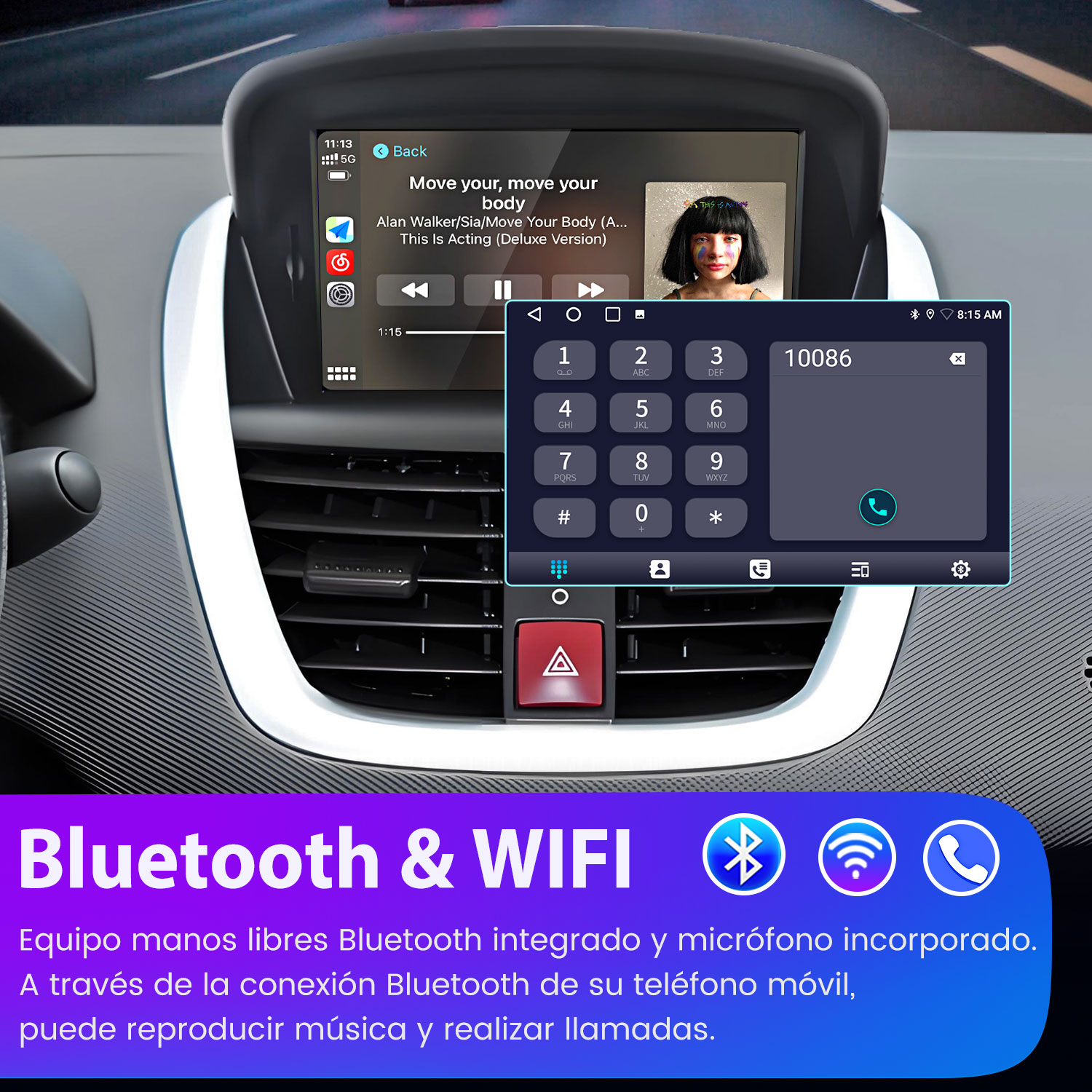 Tablero de coche con pantalla multimedia que muestra un marcador telefónico y controles de música. Un interior de coche en el fondo.