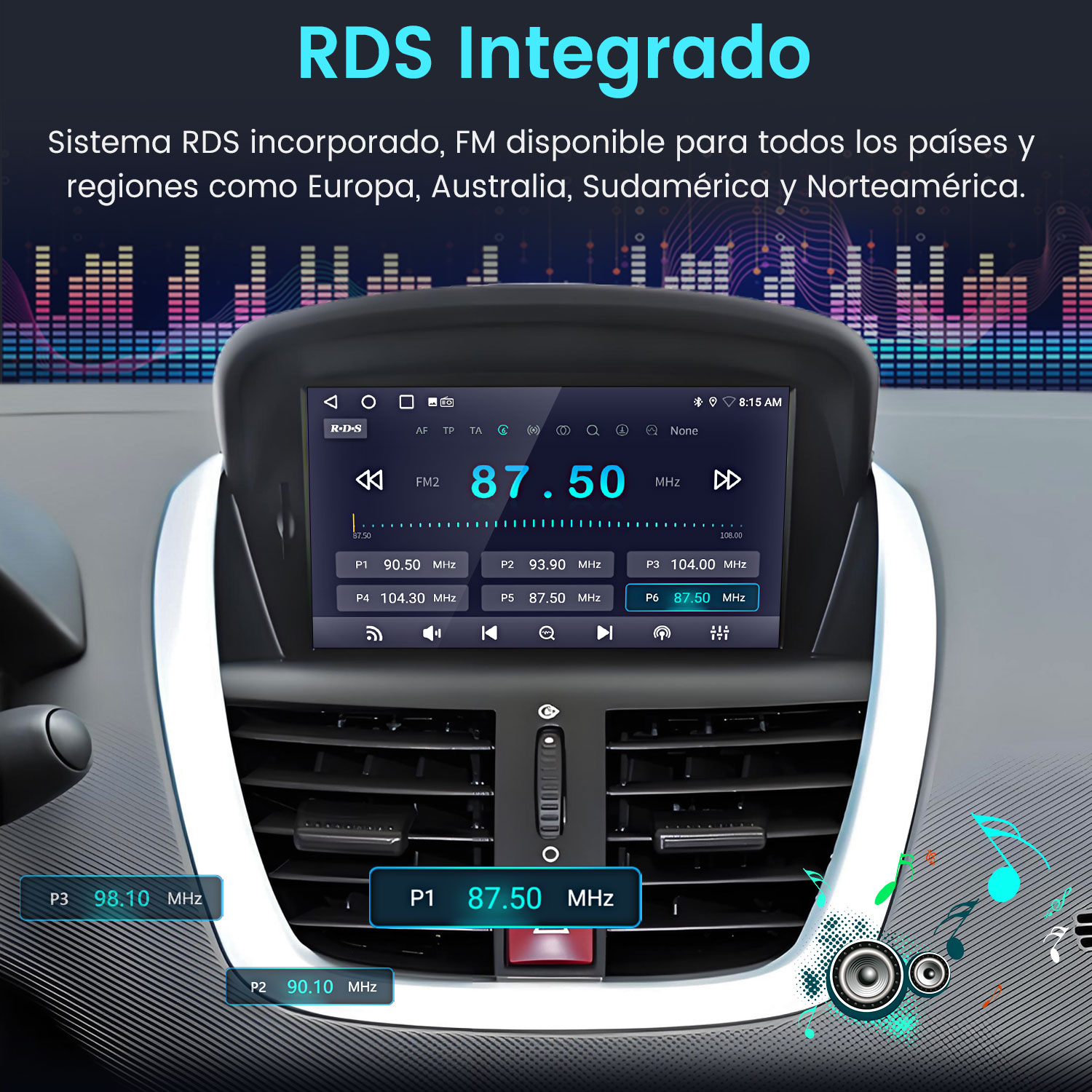 Panel de control de coche con pantalla mostrando información de radio, texto en español.