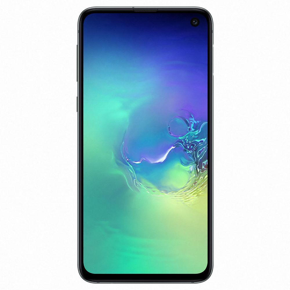 Czarny smartfon Samsung Galaxy S10 z niebiesko-zielonym ekranem, na białym tle.