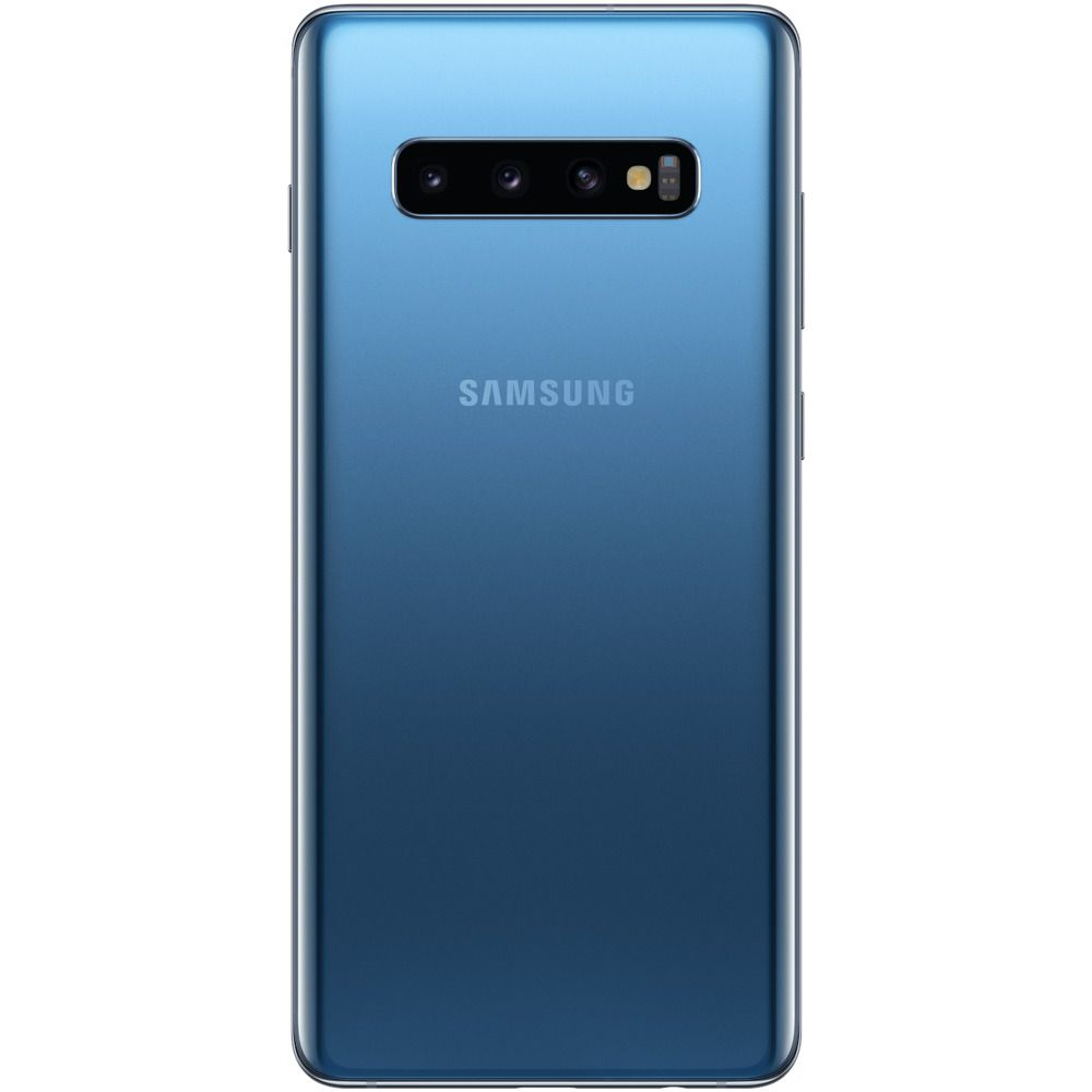 Tył niebieskiego telefonu Samsung z trzema aparatami i logo Samsung.