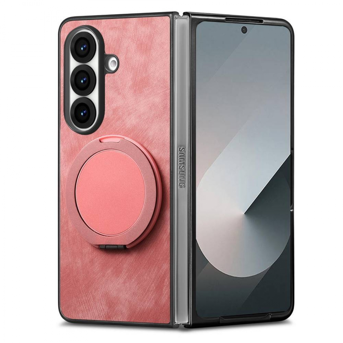 Ein pinkfarbenes Samsung Galaxy Z Fold mit einem runden Halter. Das Telefon ist teilweise geöffnet.