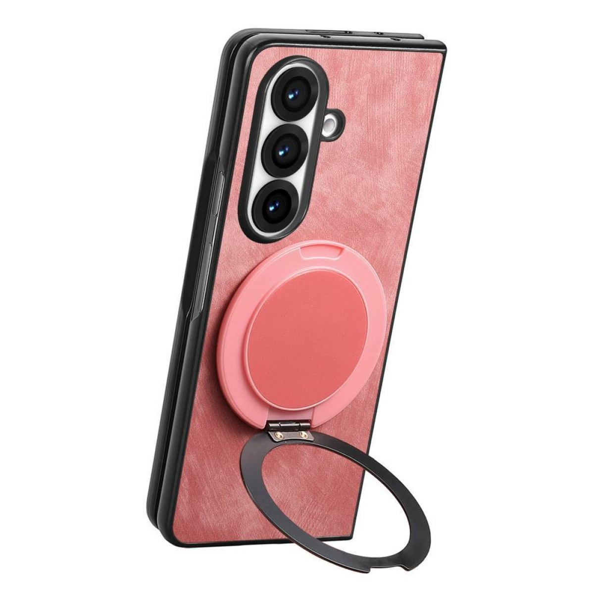 Faltbares Telefon in rosa Ledertasche mit einem kreisförmigen Ringgriff.