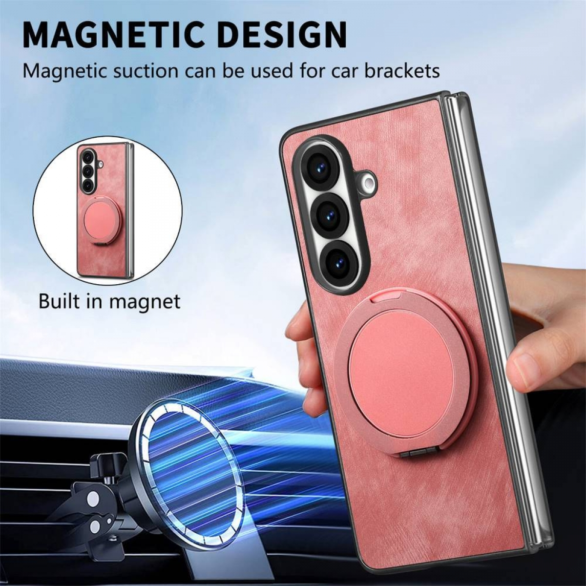 Eine rosa Handyhülle mit Ringhalterung, mit einer Lüftungshalterung. Die Hülle hat ein magnetisches Design für Autohalterungen.
