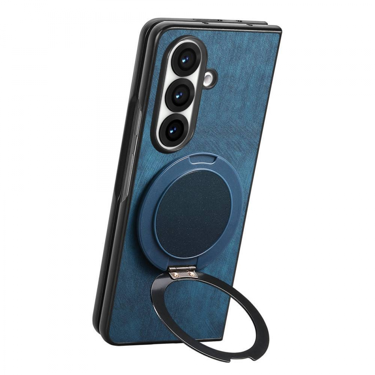 Eine blaue Handyhülle mit Ringhalterung, mit einem offenen Ring. Das Telefon ist geneigt.