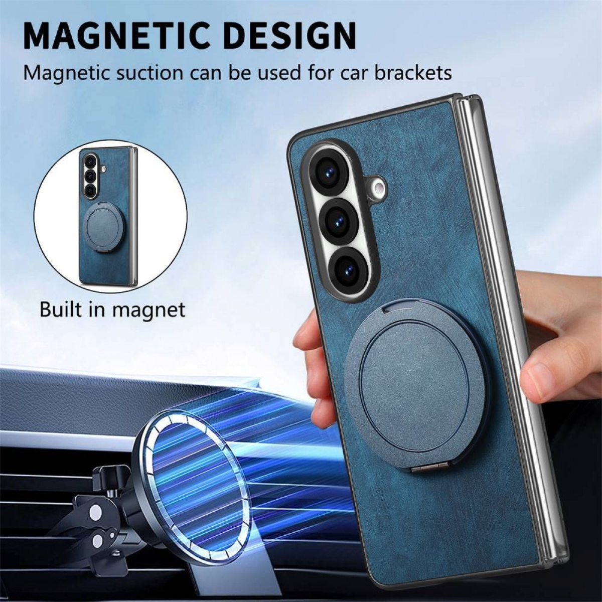 Eine blaue Handyhülle mit Ringhalterung, mit einer Lüftungshalterung. Die Hülle hat ein magnetisches Design für Autohalterungen.