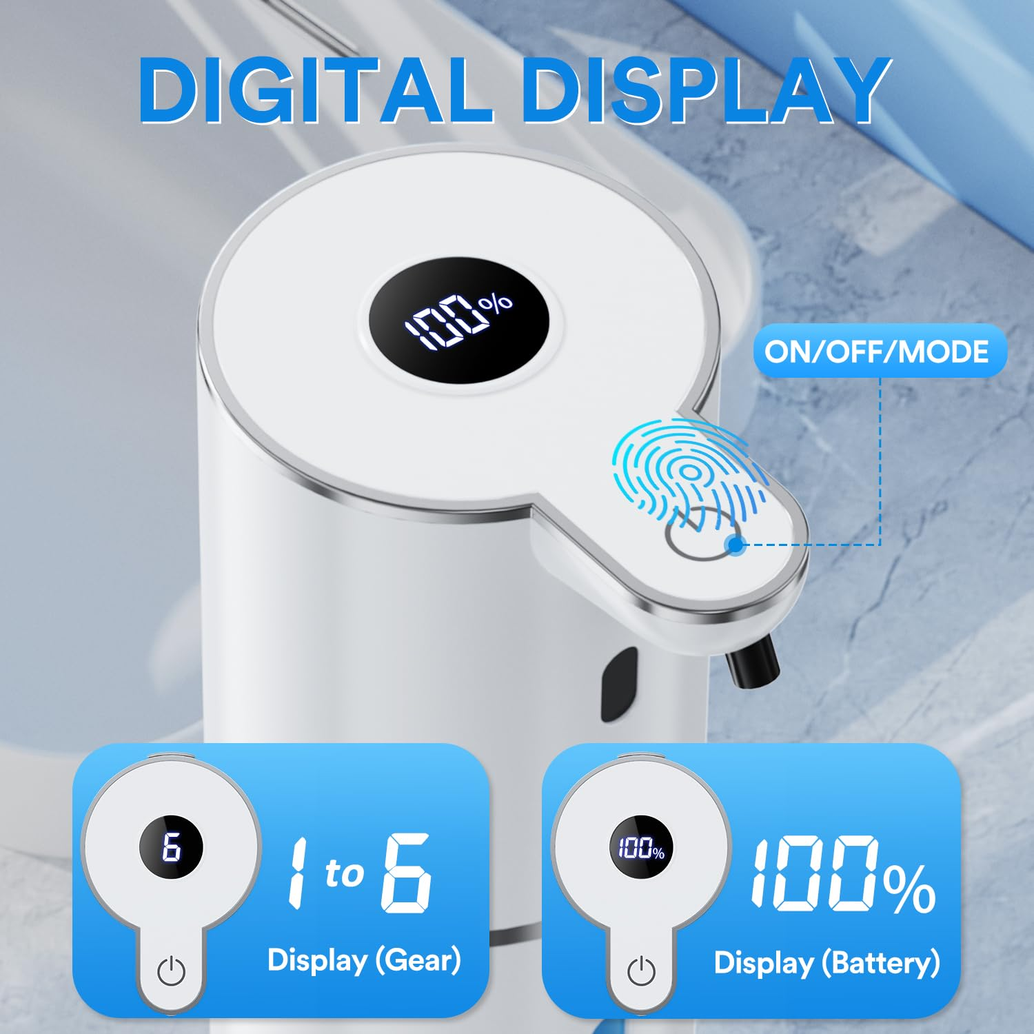 Weißer automatischer Seifenspender mit Digitalanzeige für Akku- und Gangstufen. Der Finger befindet sich auf dem Sensor.