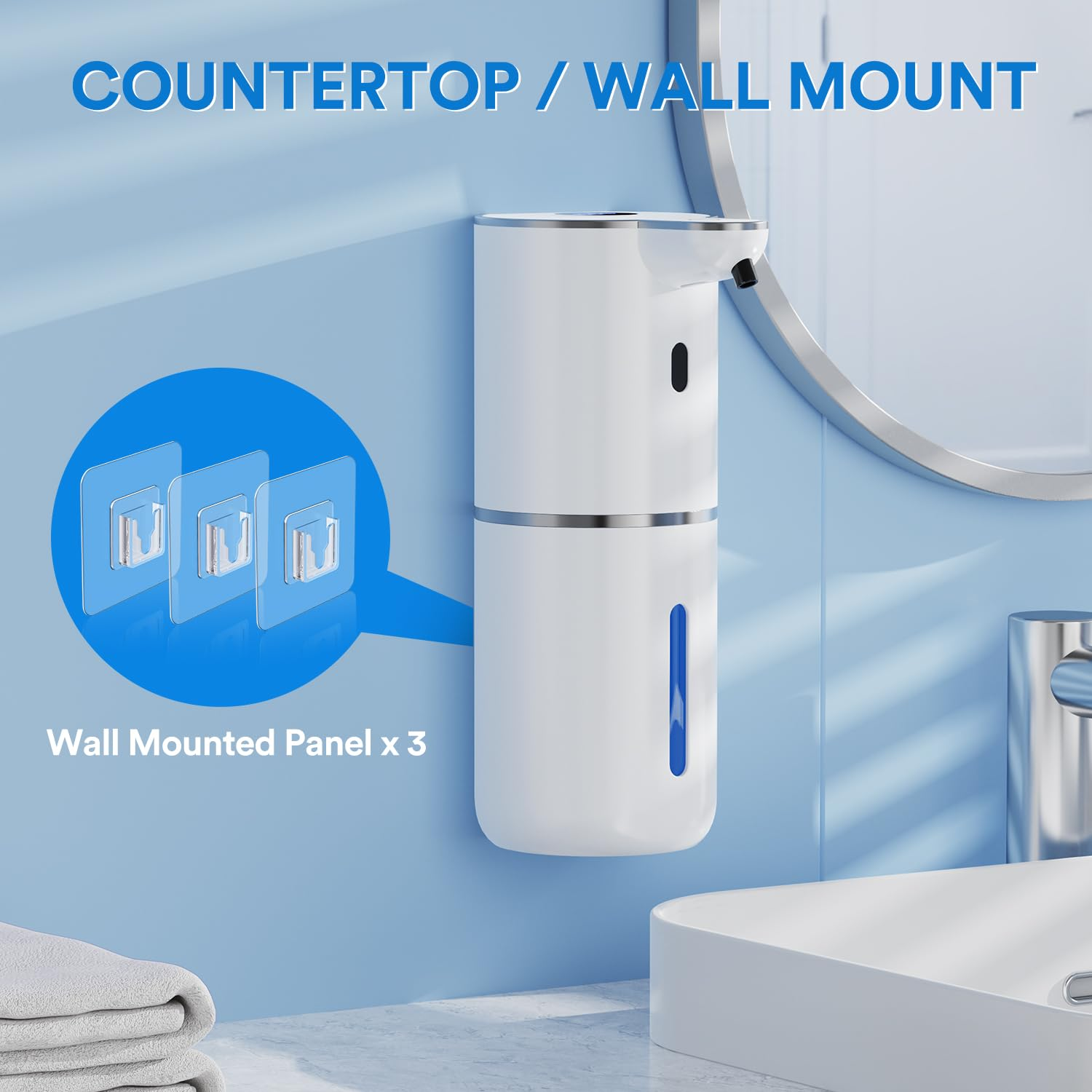 Ein weißer Seifenspender an einer blauen Wand, mit drei Wandpaneelen und einem Theken-/Wandhalterungsdesign.