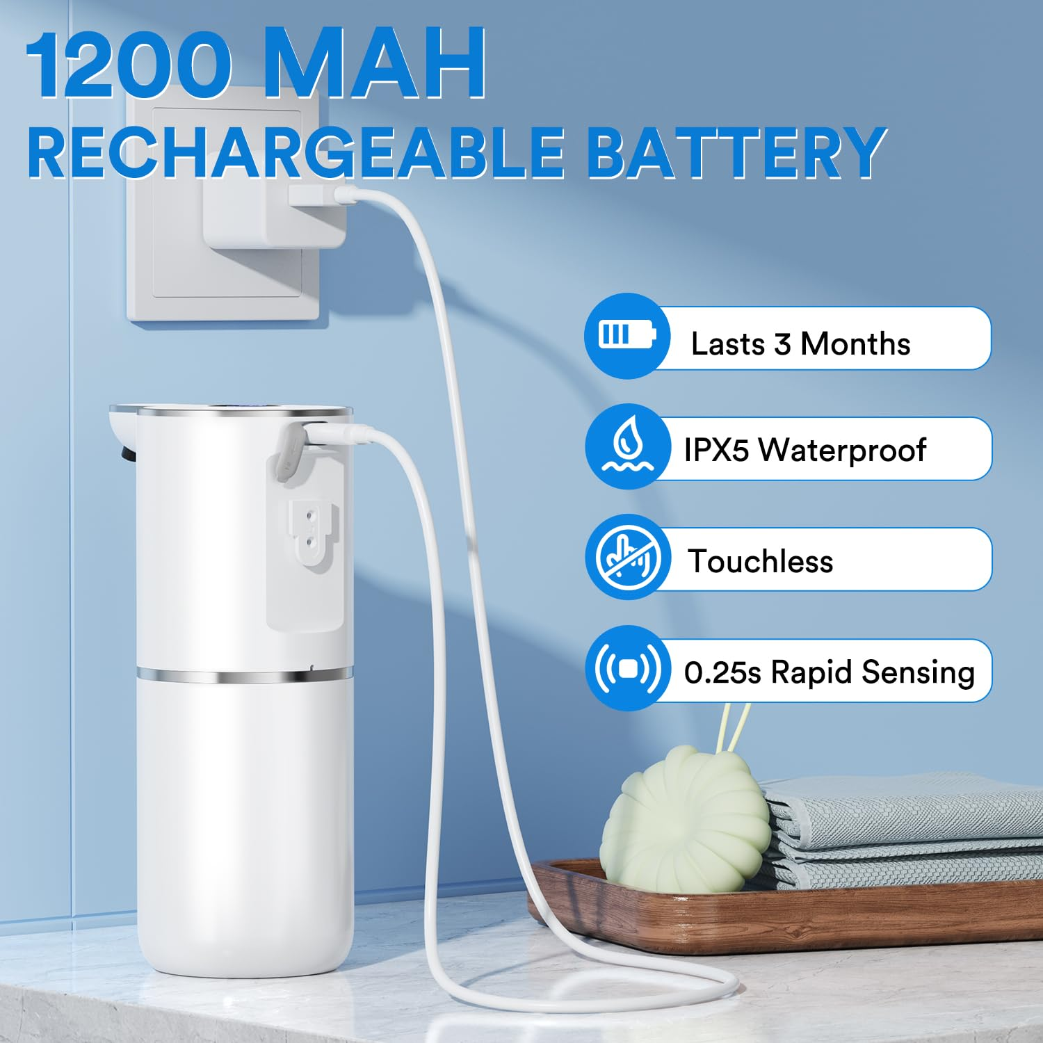Weißer Seifenspender an einer Steckdose. Merkmale umfassen 1200 mAh Akku, IPX5 wasserdicht, berührungslos.