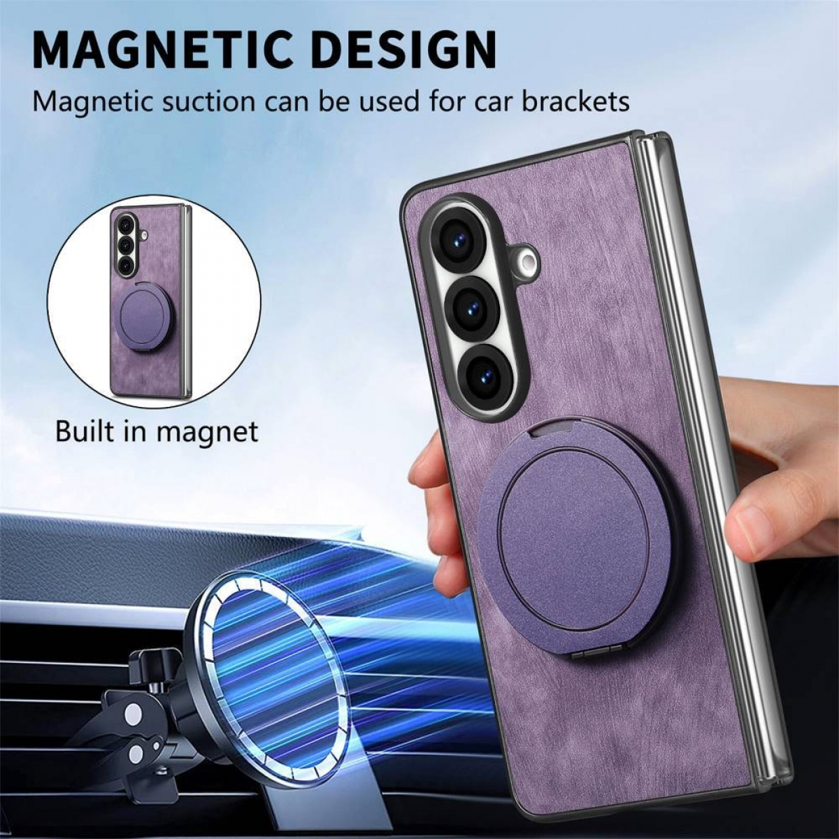 Lila Handyhülle mit Pop-Socket, an einer Lüftung im Auto befestigt. Ein Magnet ist in der Hülle eingebaut.