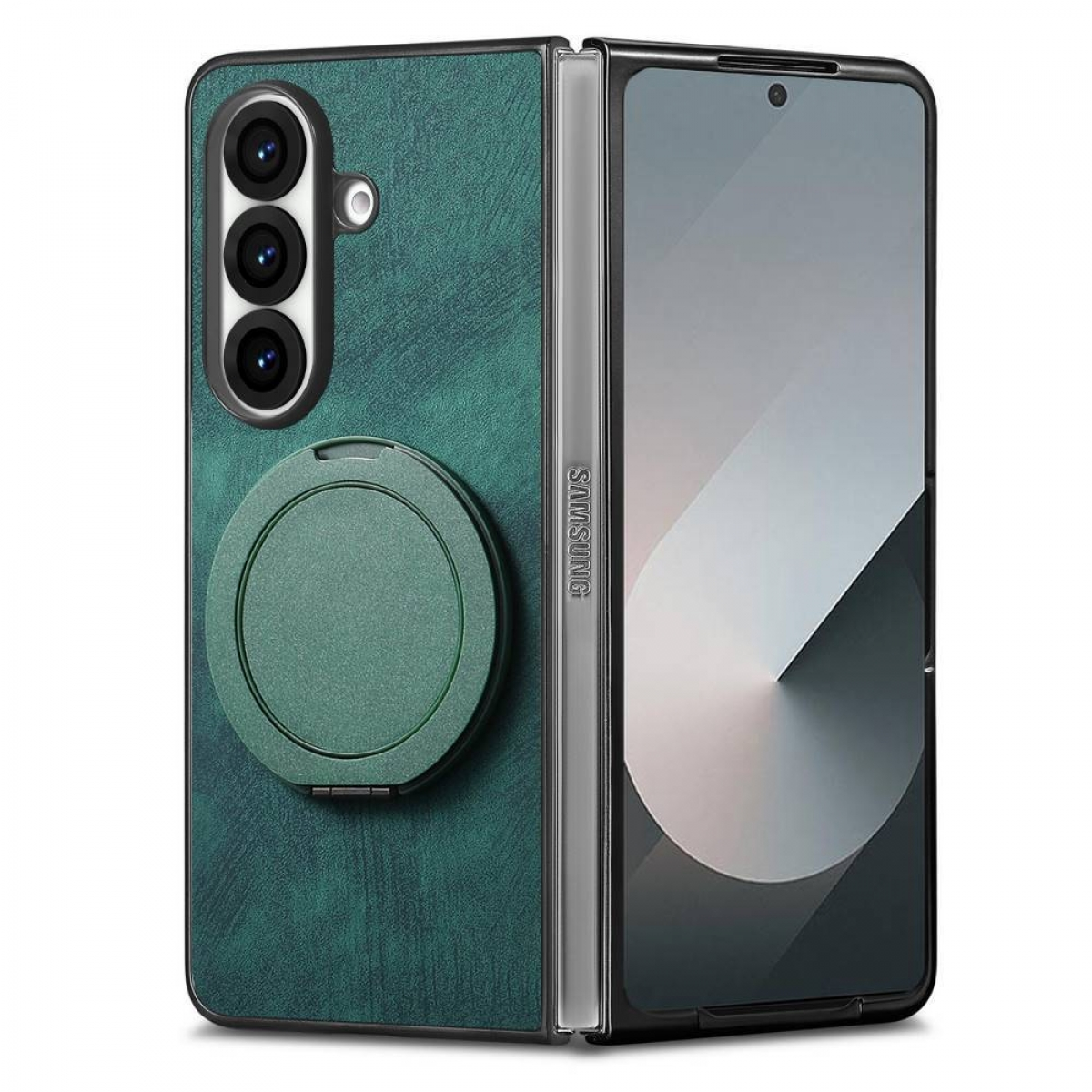 Eine grüne Handyhülle mit Ringhalterung. Das Telefon ist zusammengeklappt, mit dem Samsung-Logo sichtbar.