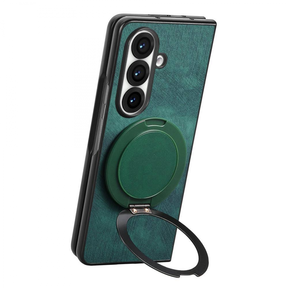 Grüne Handyhülle mit Pop-Socket. Das Telefon ist gefaltet. Schwarzer Rahmen.