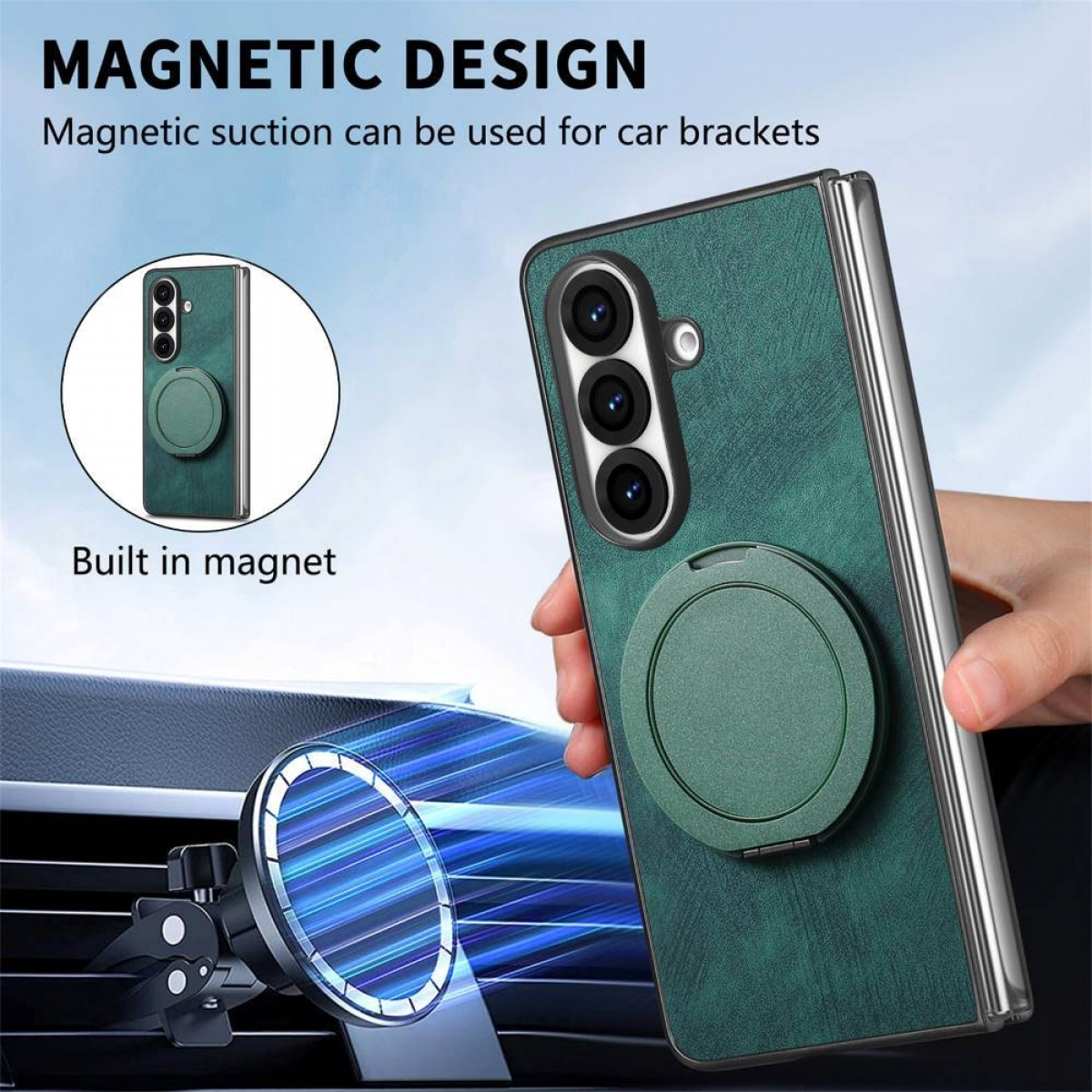 Eine grüne Handyhülle mit Ringhalterung, mit einer Lüftungshalterung. Die Hülle hat ein magnetisches Design für Autohalterungen.
