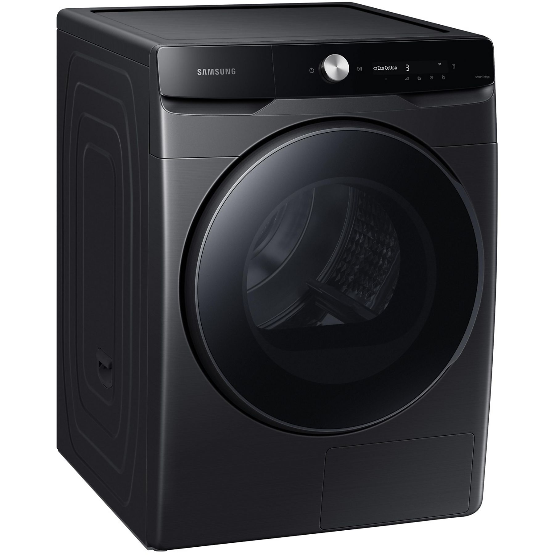 Un sèche-linge Samsung noir élégant, incliné pour mettre en valeur son design et ses fonctionnalités, sur un fond blanc.