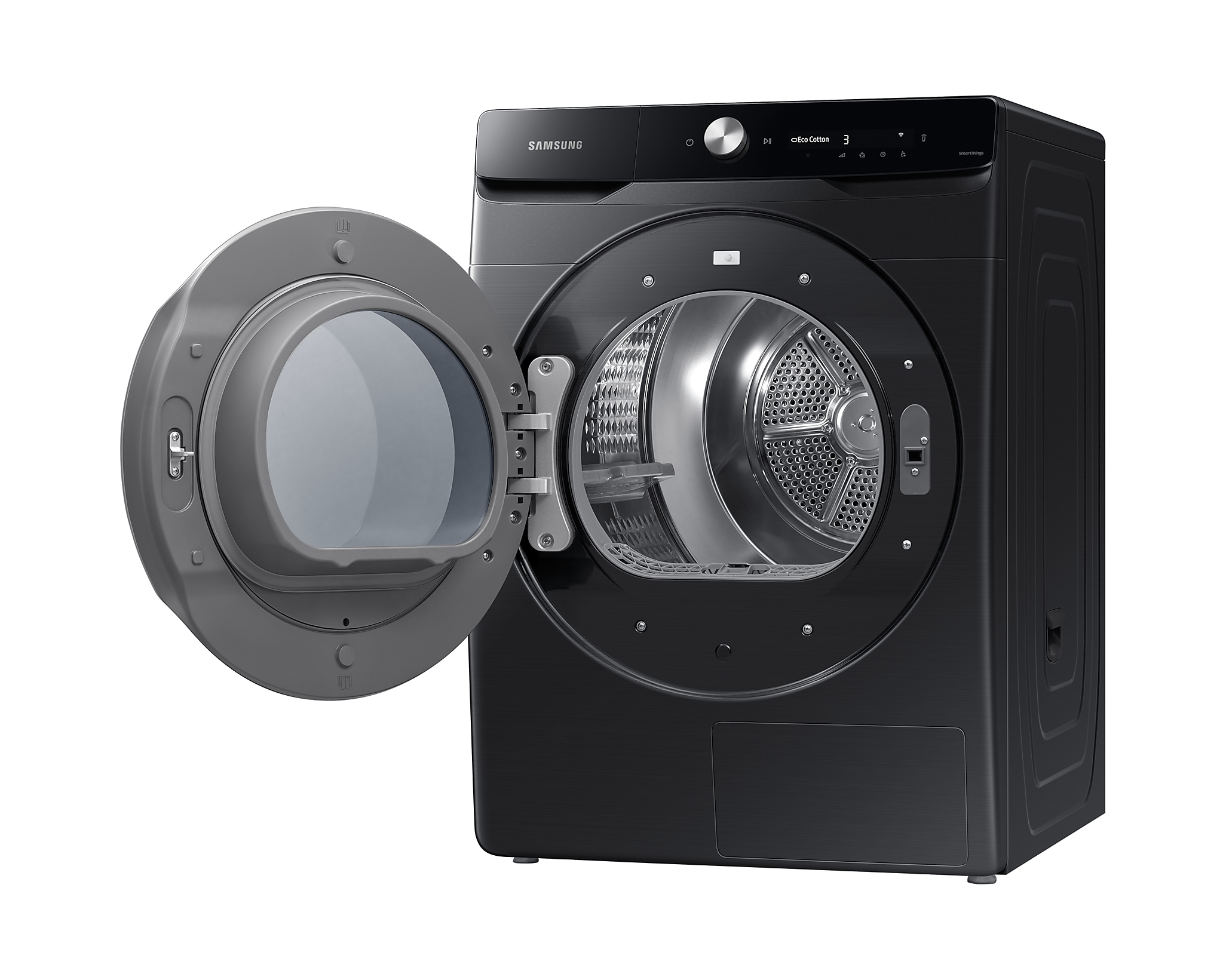 Un sèche-linge Samsung noir avec sa porte ouverte, révélant le tambour en acier inoxydable, sur un fond blanc.