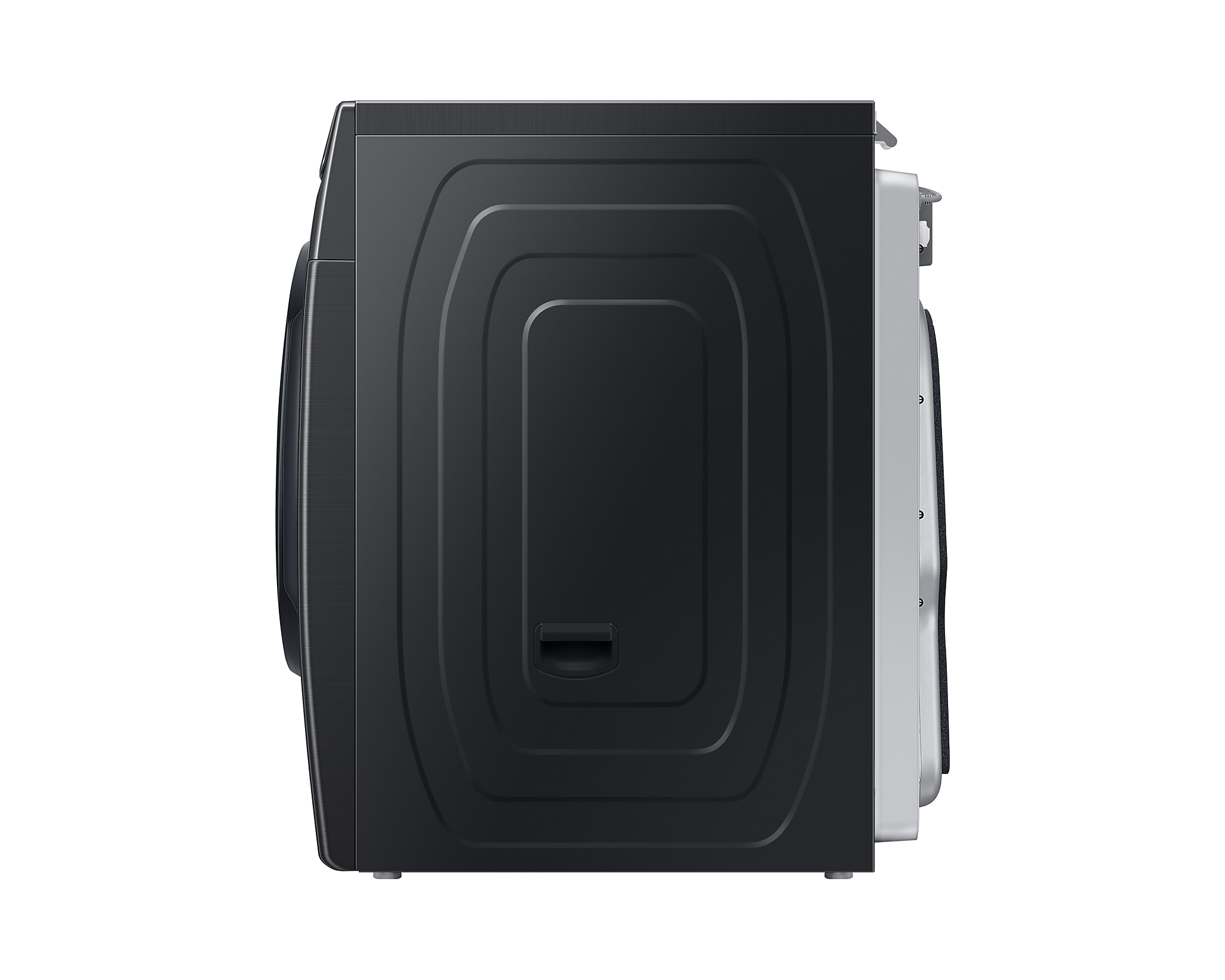 Une vue latérale d'un sèche-linge Samsung noir, soulignant son design élégant et son panneau arrière incurvé sur un fond blanc.