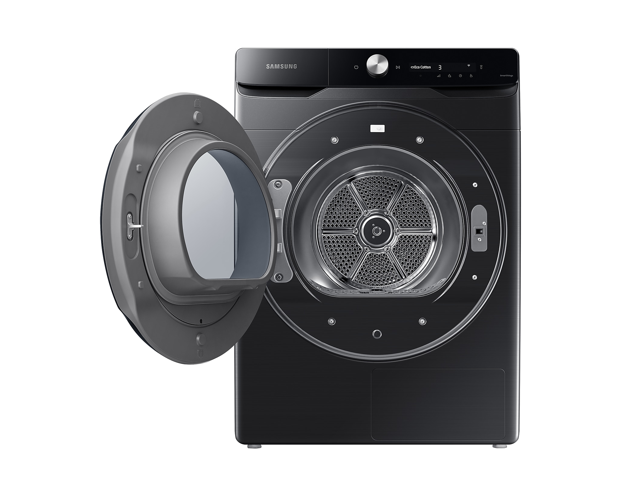 Un sèche-linge Samsung noir avec une porte ouverte, présentant son tambour en acier inoxydable sur un fond blanc.