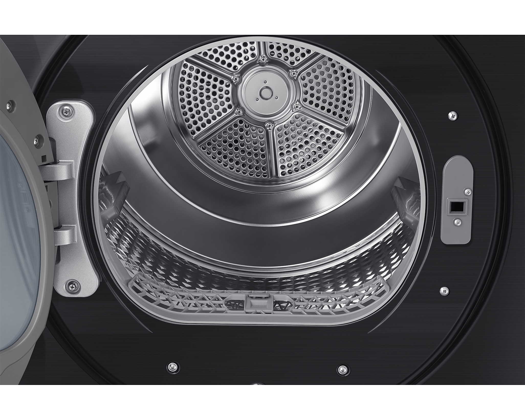 Gros plan de l'intérieur d'un sèche-linge Samsung noir, se concentrant sur le tambour en acier inoxydable et la porte ouverte.