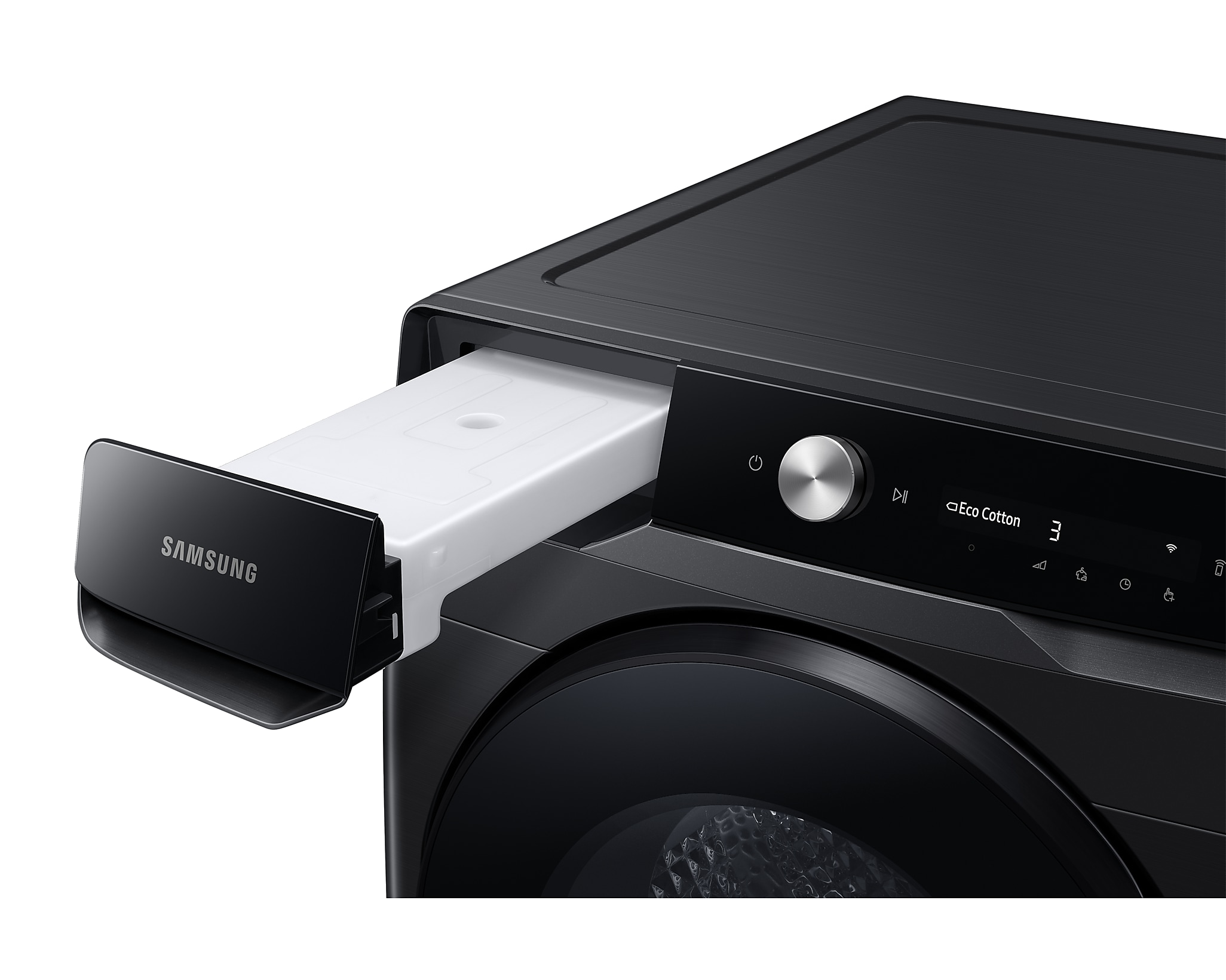 Gros plan d'un sèche-linge Samsung noir avec un tiroir distributeur ouvert, soulignant son design et sa fonctionnalité.