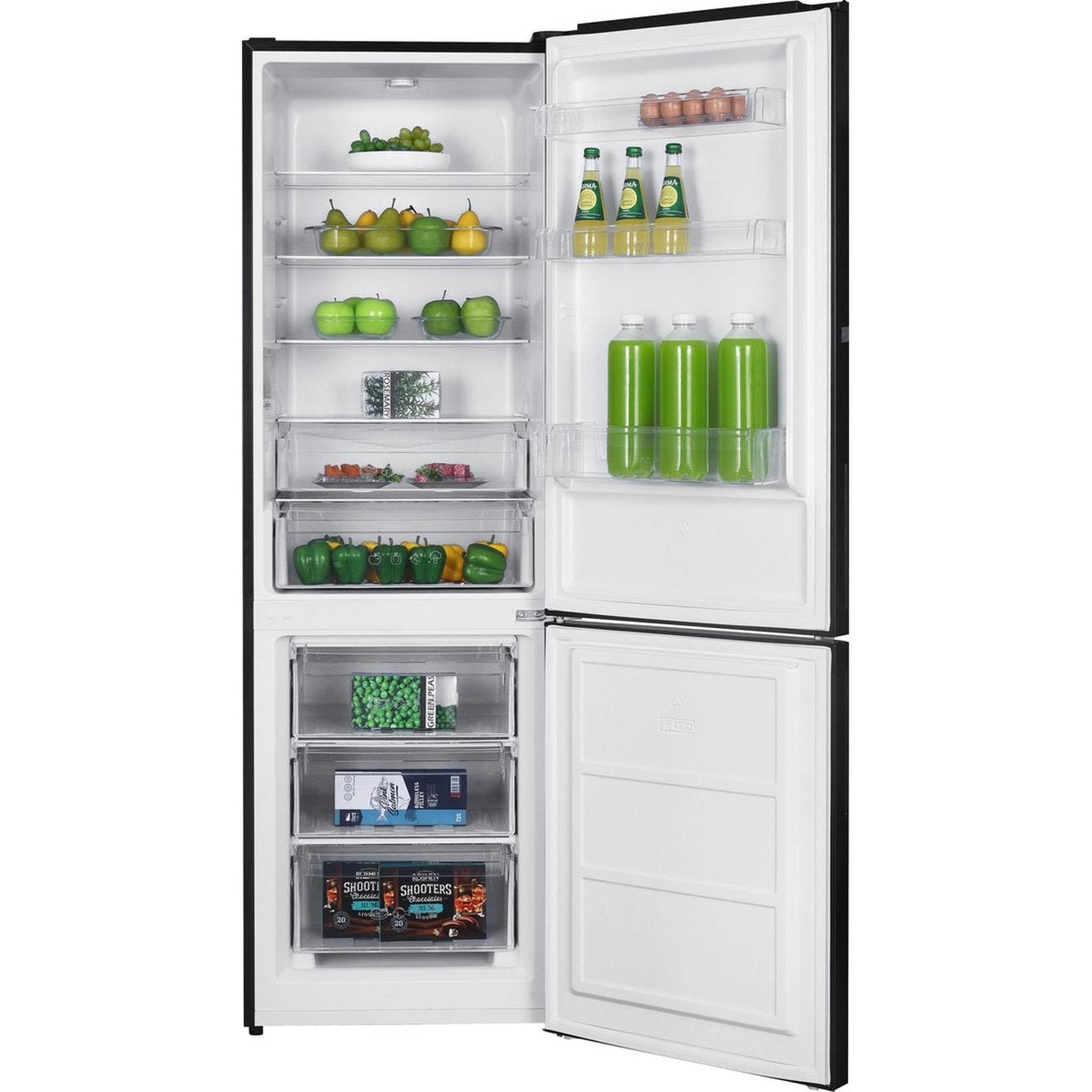 An open refrigerator filled with various food items, including fruits, vegetables, and bottled drinks.