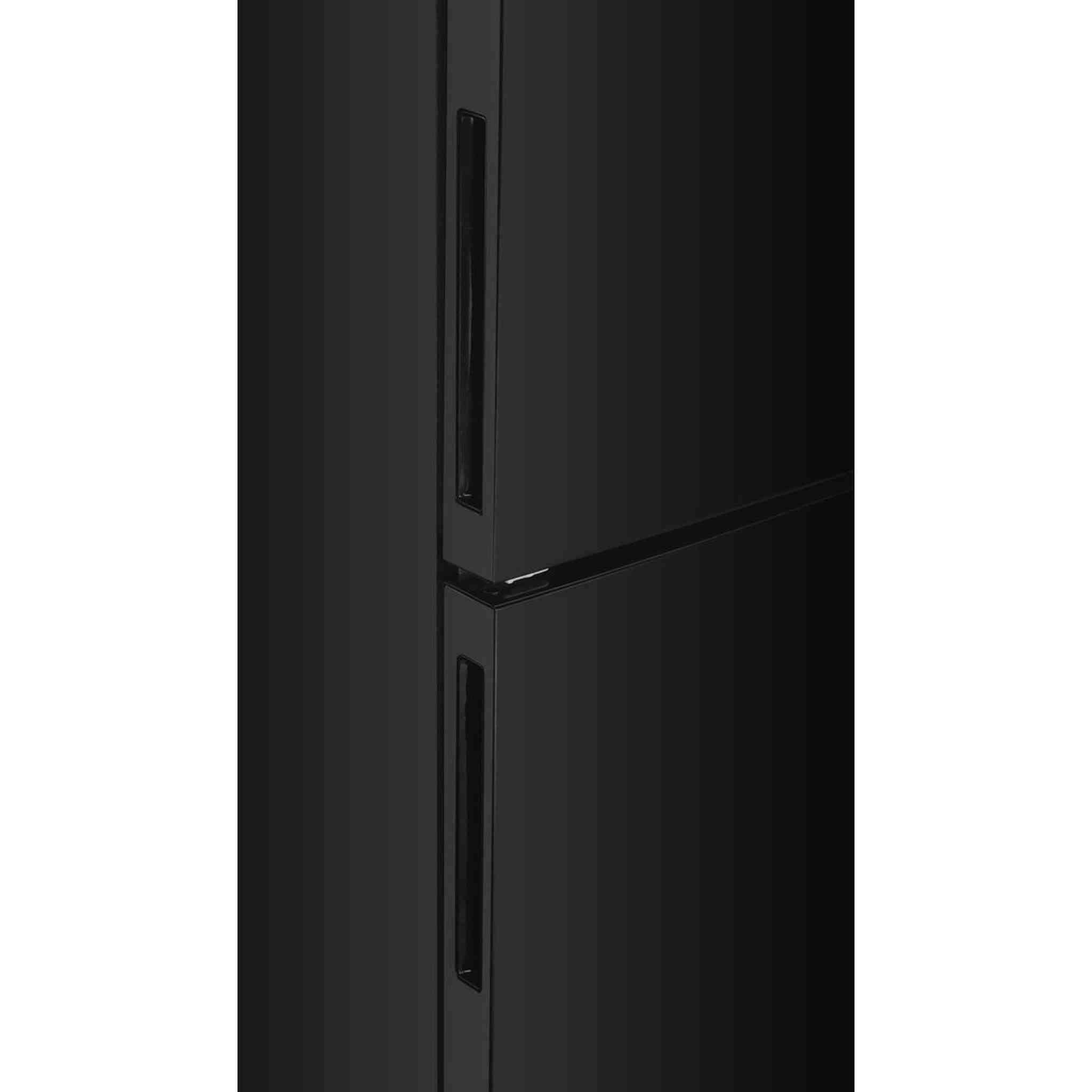 Black refrigerator with two doors and vertical handles.
