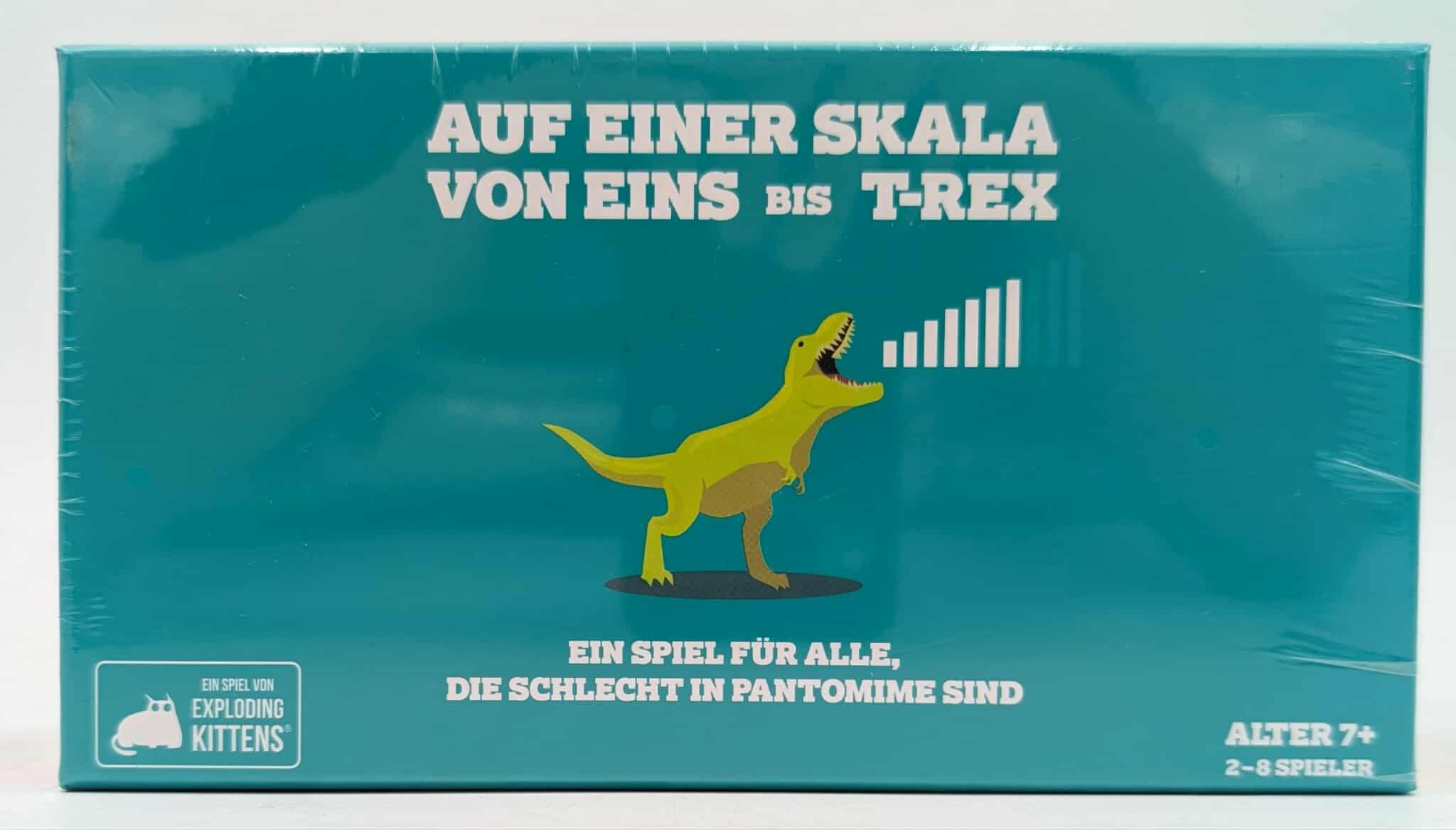 Spielbox mit dem Titel 'Auf einer Skala von Eins bis T-Rex' mit einem T-Rex.
