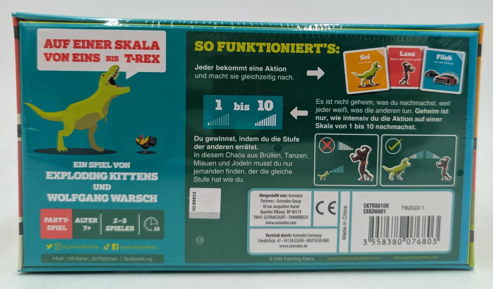 Eine Spielbox-Rückseite mit deutschem Text, einer T-Rex-Illustration und einem Spieletitel. Enthält Kontaktinformationen.