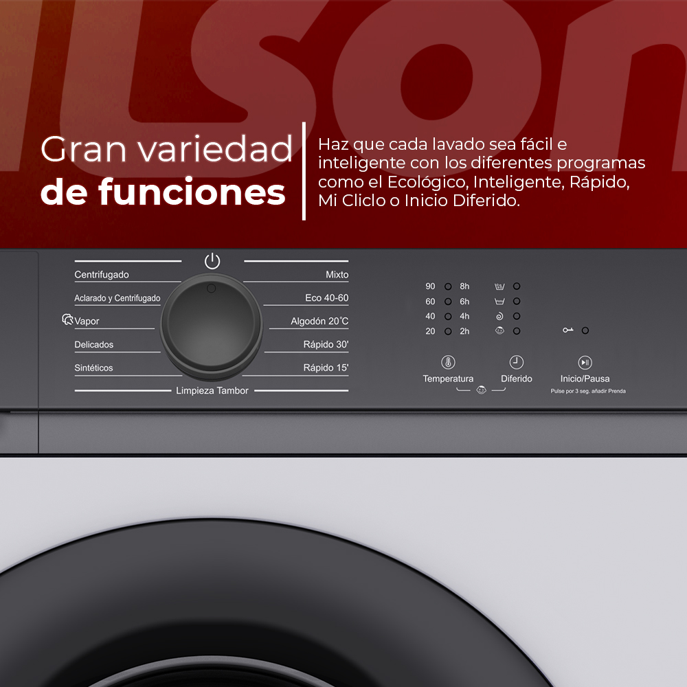 Primer plano del panel de control de una lavadora con varios ajustes. El texto está en español.