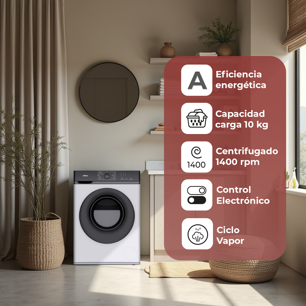Una lavadora en un entorno de lavandería, con iconos que resaltan características como la eficiencia energética.