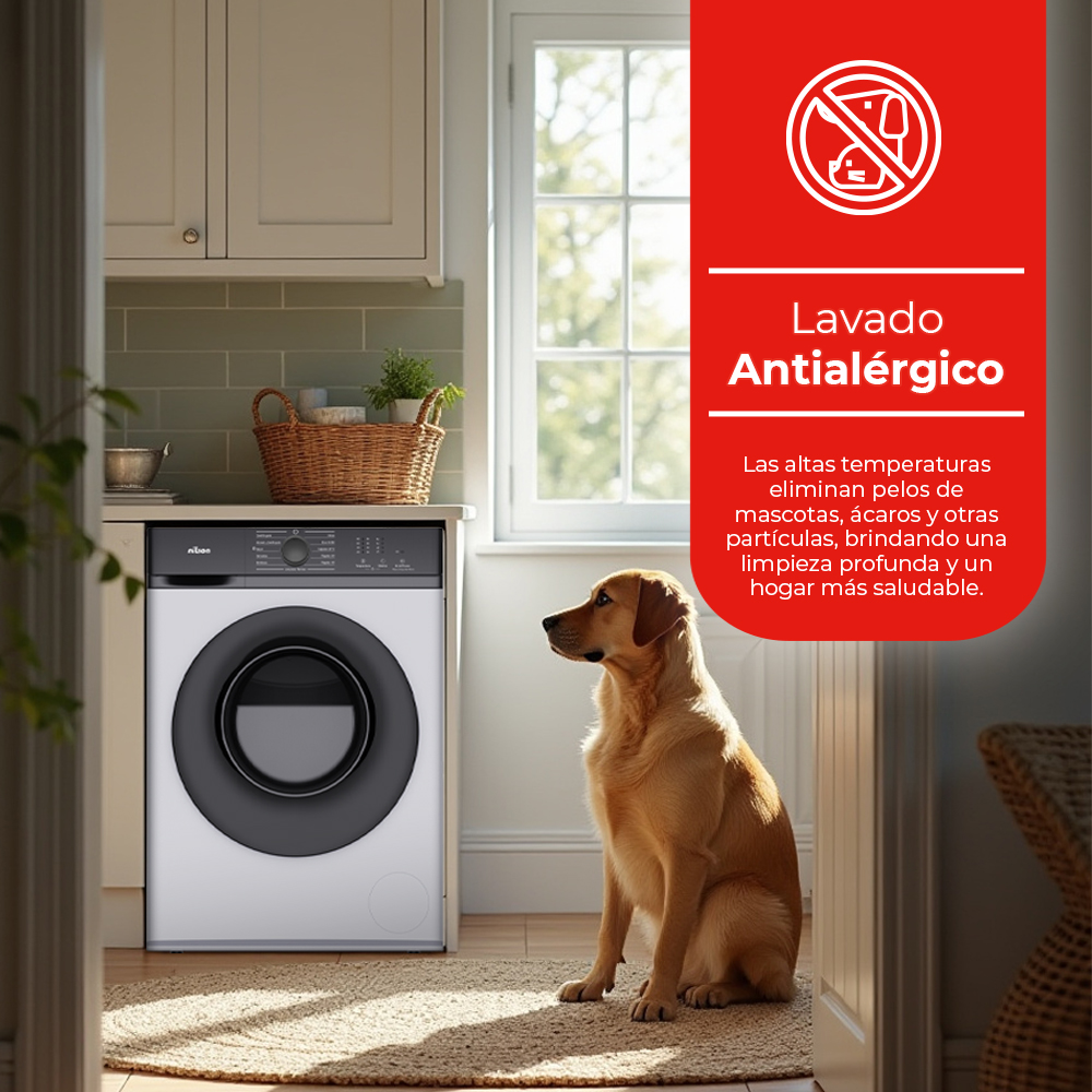 Una lavadora junto a un perro, indicando su función antialérgica. Un letrero rojo en la parte superior.