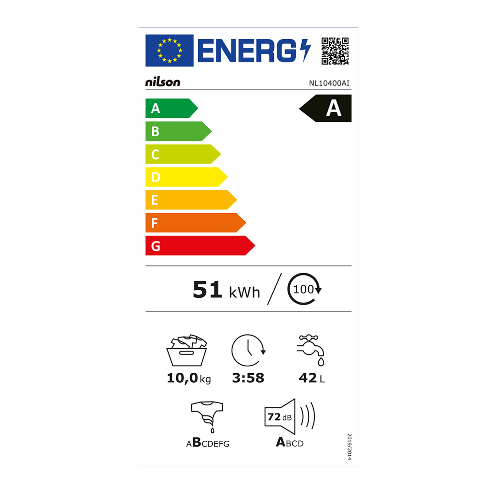 Etiqueta energética para una lavadora Nilson, que muestra la eficiencia energética y el consumo de agua.
