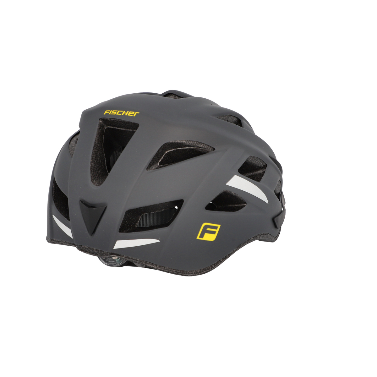 Ein schwarzer Fahrradhelm mit weißen und gelben Akzenten. Der Markenname FISCHER ist sichtbar.
