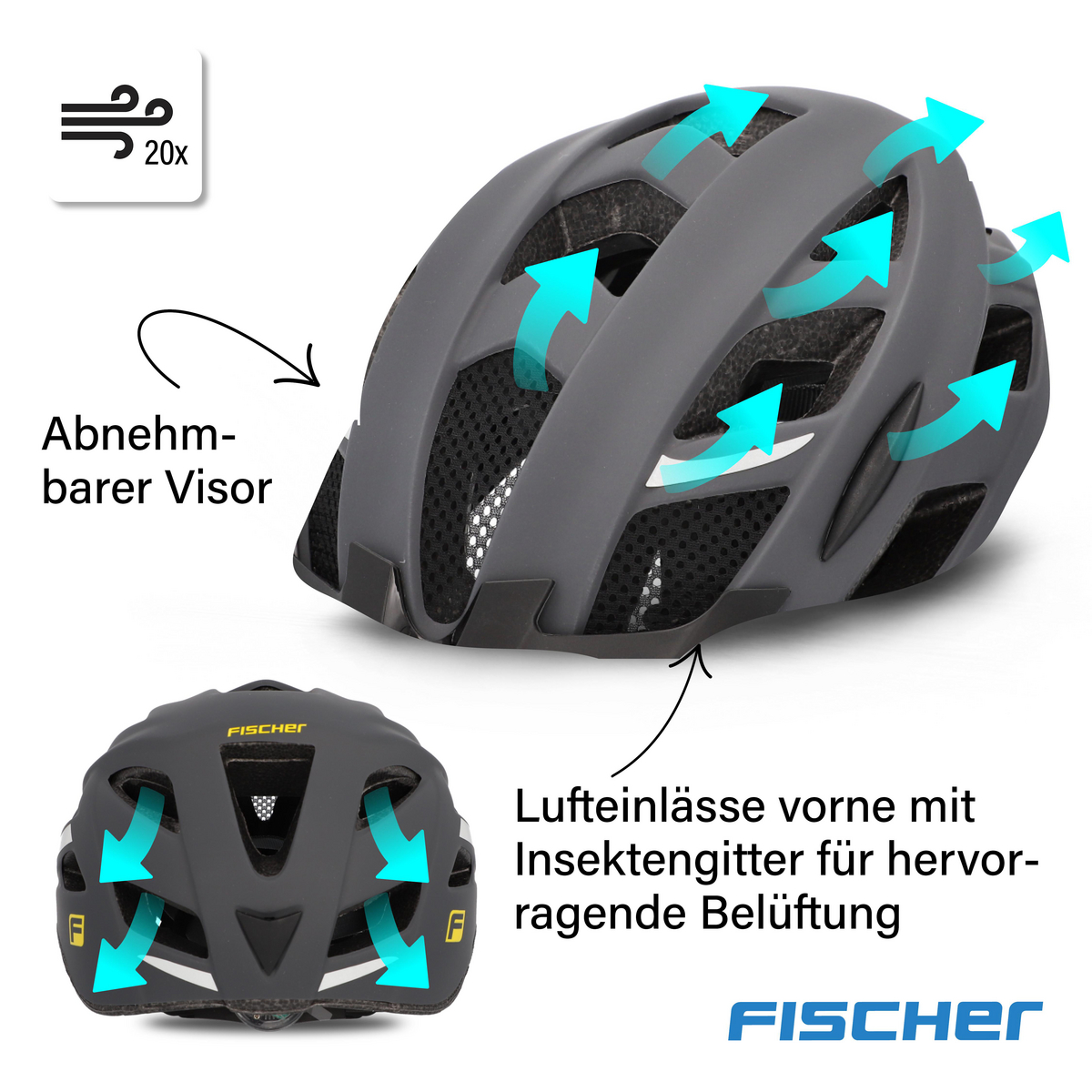 Grauer Fahrradhelm, zeigt Luftschlitze und abnehmbares Visier. Pfeile zeigen Luftstrom und Merkmale.