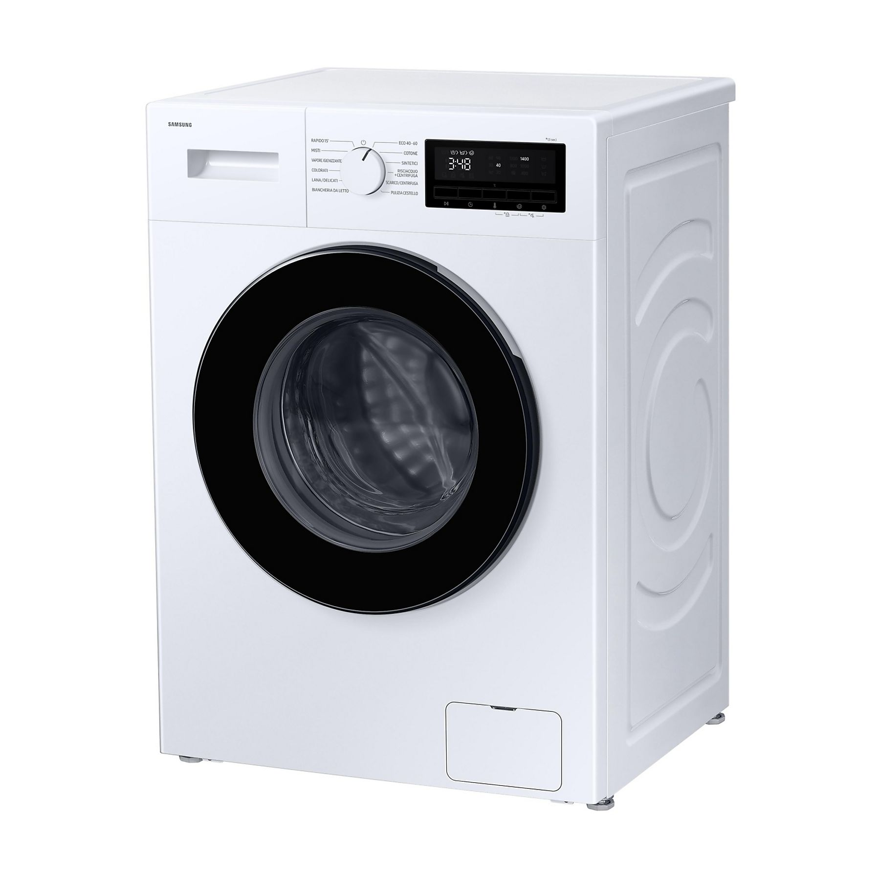 Biała pralka z czarnymi drzwiami i panelem sterowania. Widoczna jest nazwa marki Samsung.