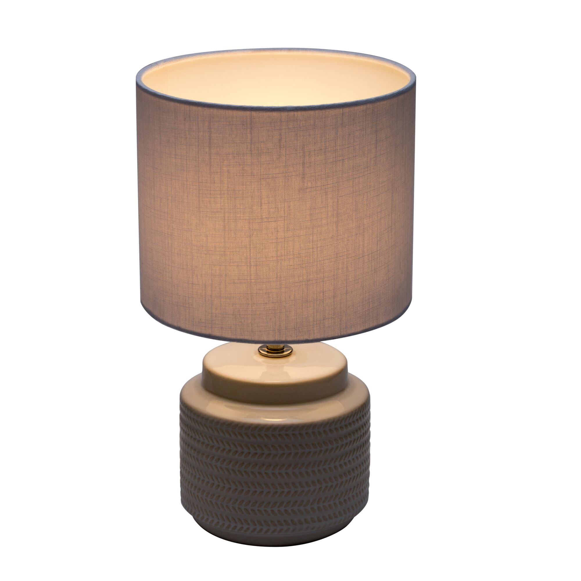 Lampa stołowa z szarym abażurem i kremową podstawą, białe tło.