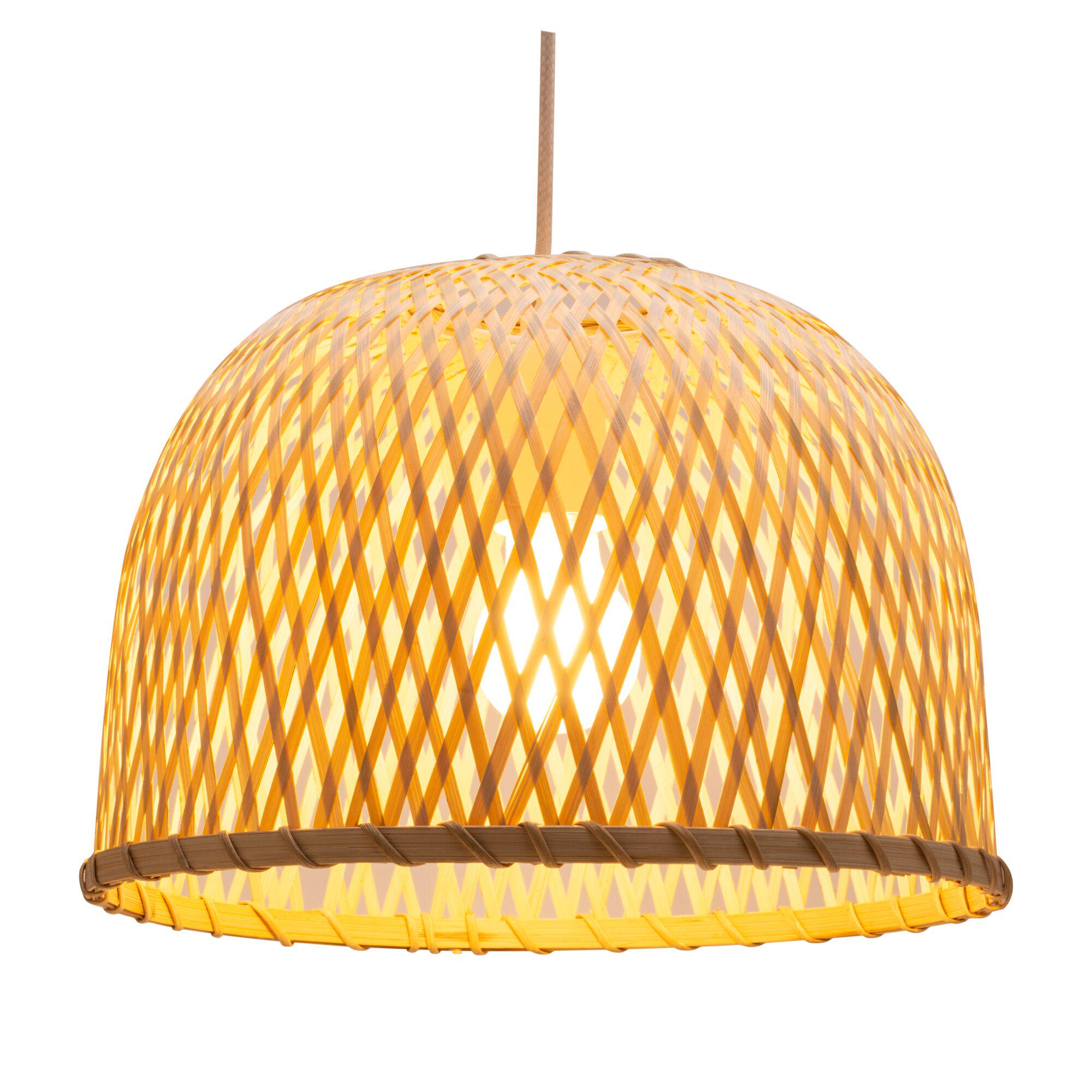 Tkany bambusowy klosz, w kształcie kopuły, ze światłem widocznym wewnątrz.