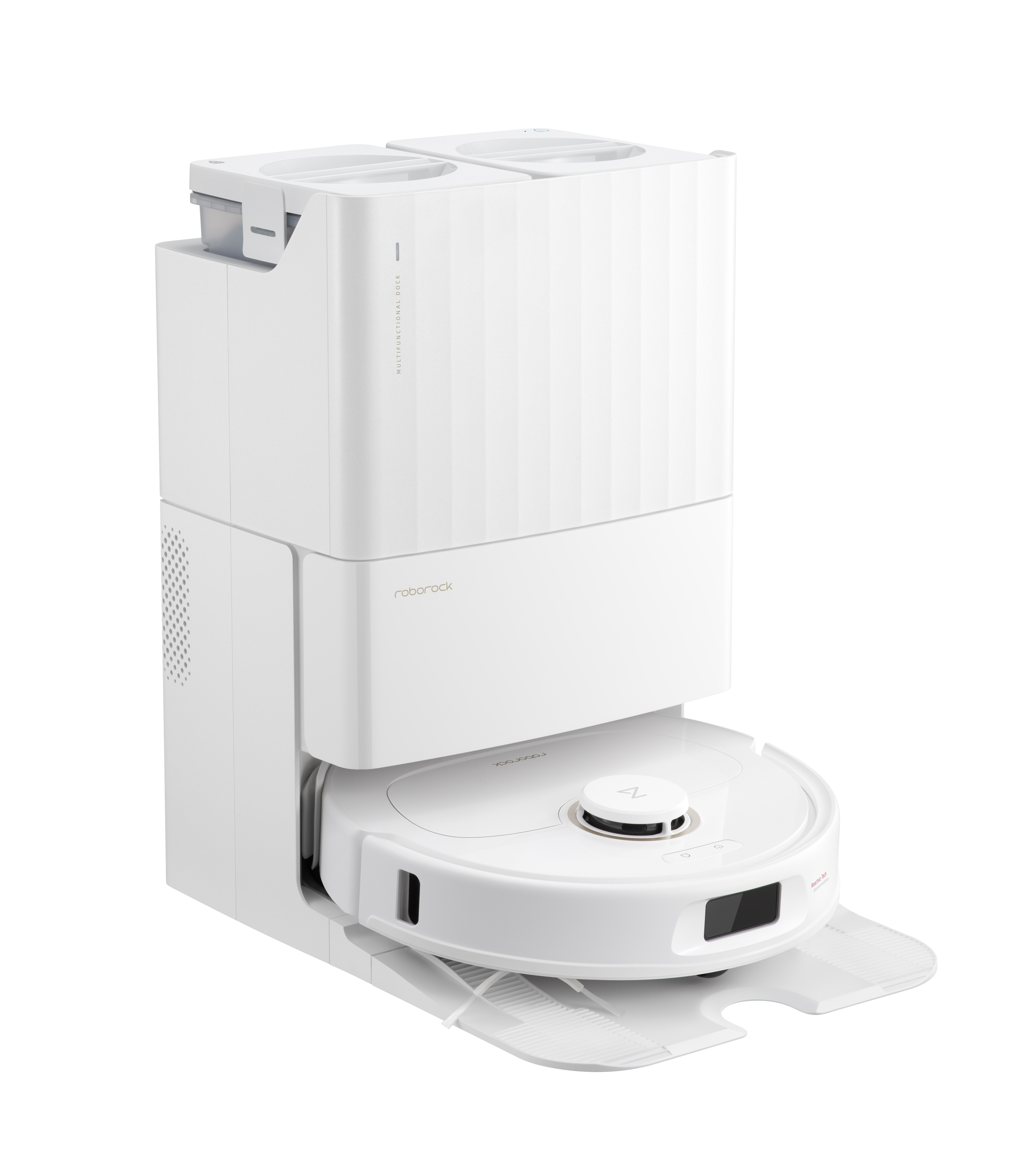 Ein weißer Roborock-Roboter-Staubsauger mit einer Dockingstation. Es ist ein vollständig weißes Gerät mit modernem Design.