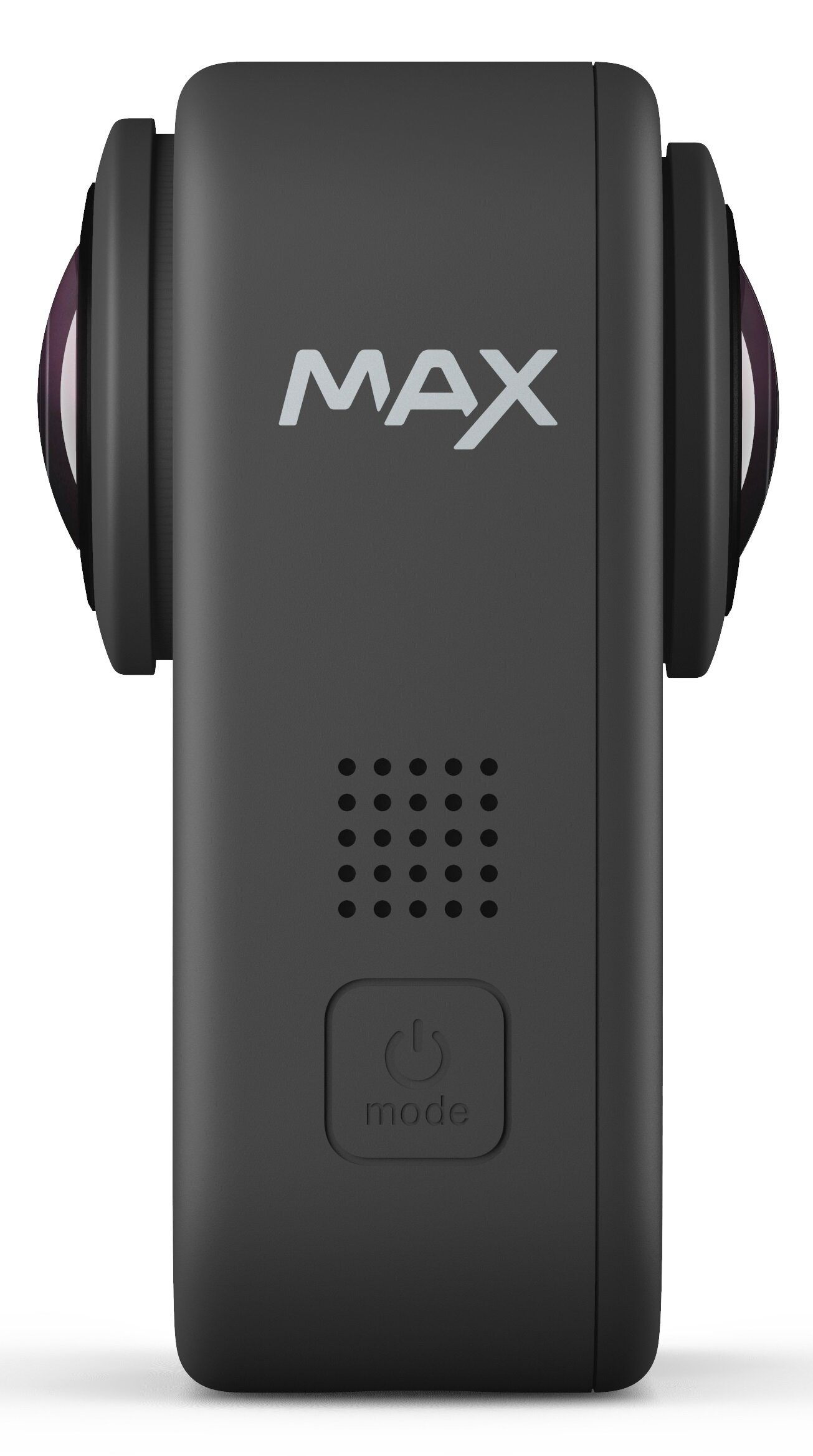 Czarna kamera GoPro Max. Tył pokazuje logo MAX i przycisk zasilania.