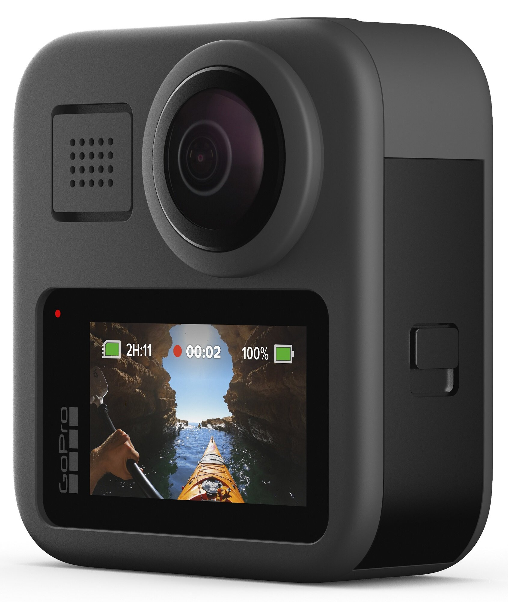 Czarna kamera GoPro Max. Ekran pokazuje kajak na wodzie. Obiektyw jest wyśrodkowany.