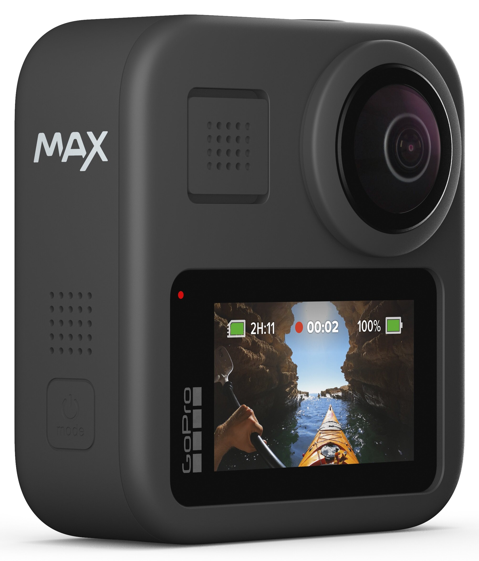 Czarna kamera GoPro MAX pokazująca ekran ze sceną kajakową na białym tle.